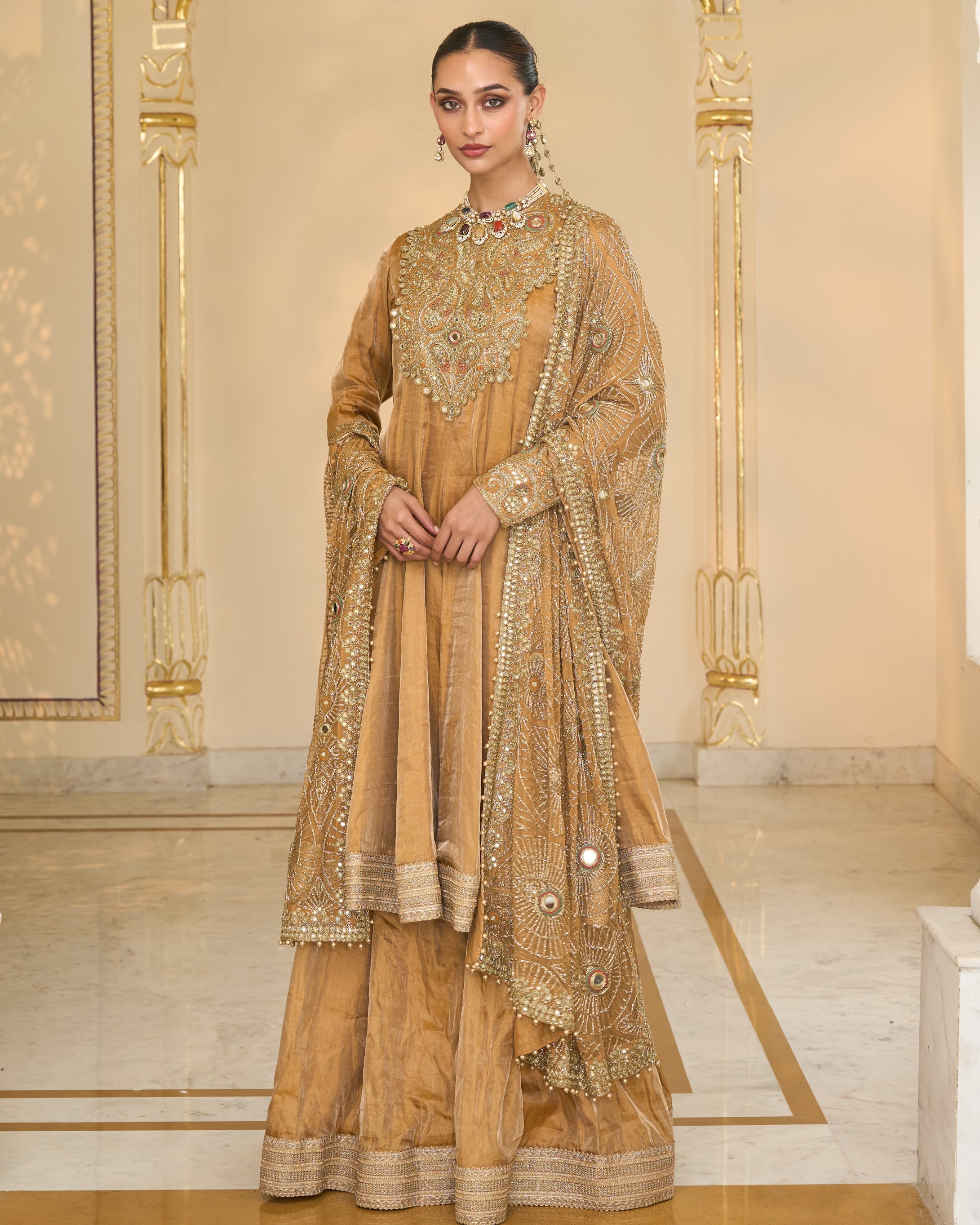 Copper Tissue Hand Embroidered Short Anarkali With Sharara With Jaal Dupatta Set
