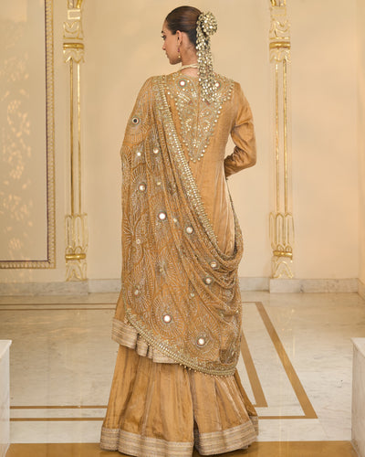 Copper Tissue Hand Embroidered Short Anarkali With Sharara With Jaal Dupatta Set