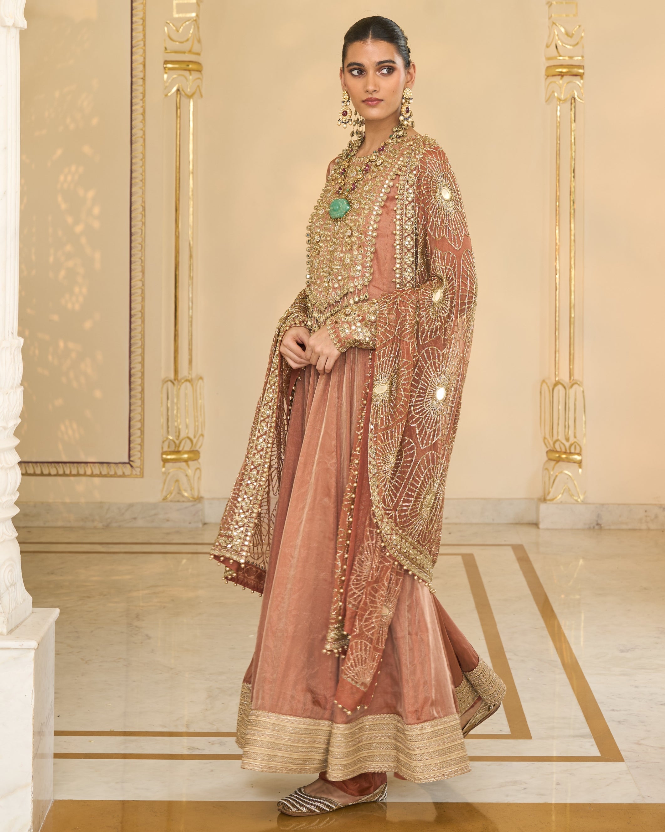 Light Brick Tissue Hand Embroidered Long Anarkali With Jaal Dupatta Set