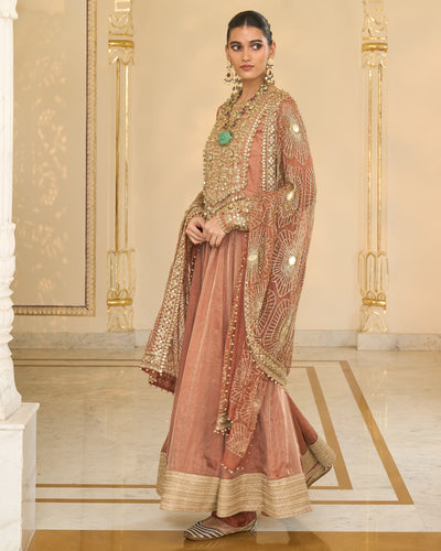 Light Brick Tissue Hand Embroidered Long Anarkali With Jaal Dupatta Set