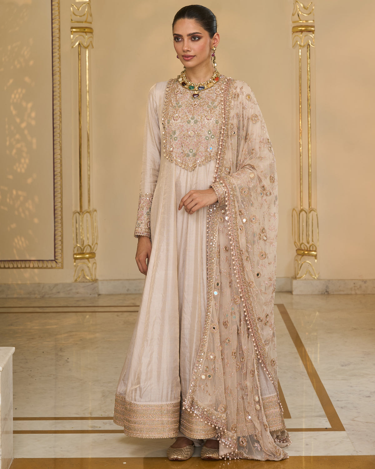 Rose Gold Tissue Hand Embroidered Long Anarkali With Jaal Dupatta Set