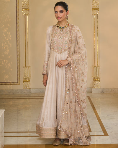 Rose Gold Tissue Hand Embroidered Long Anarkali With Jaal Dupatta Set