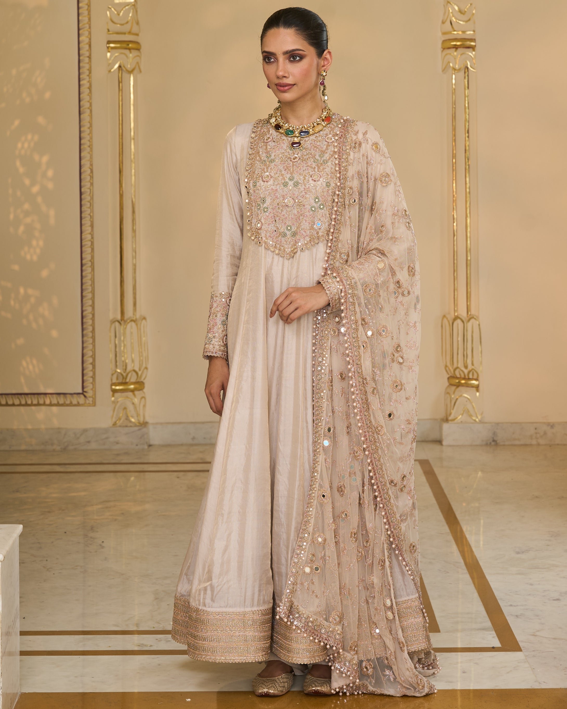 Rose Gold Tissue Hand Embroidered Long Anarkali With Jaal Dupatta Set
