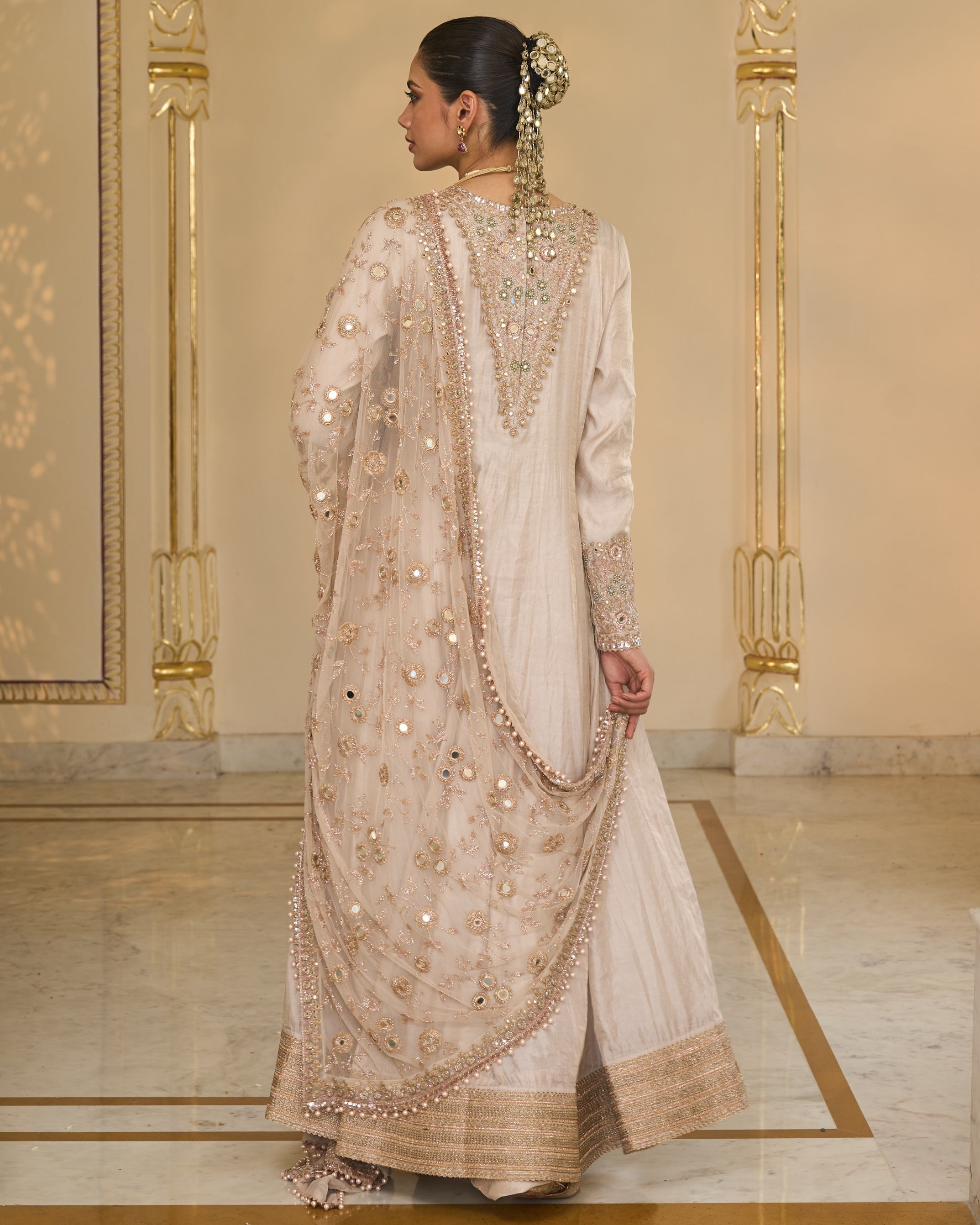 Rose Gold Tissue Hand Embroidered Long Anarkali With Jaal Dupatta Set