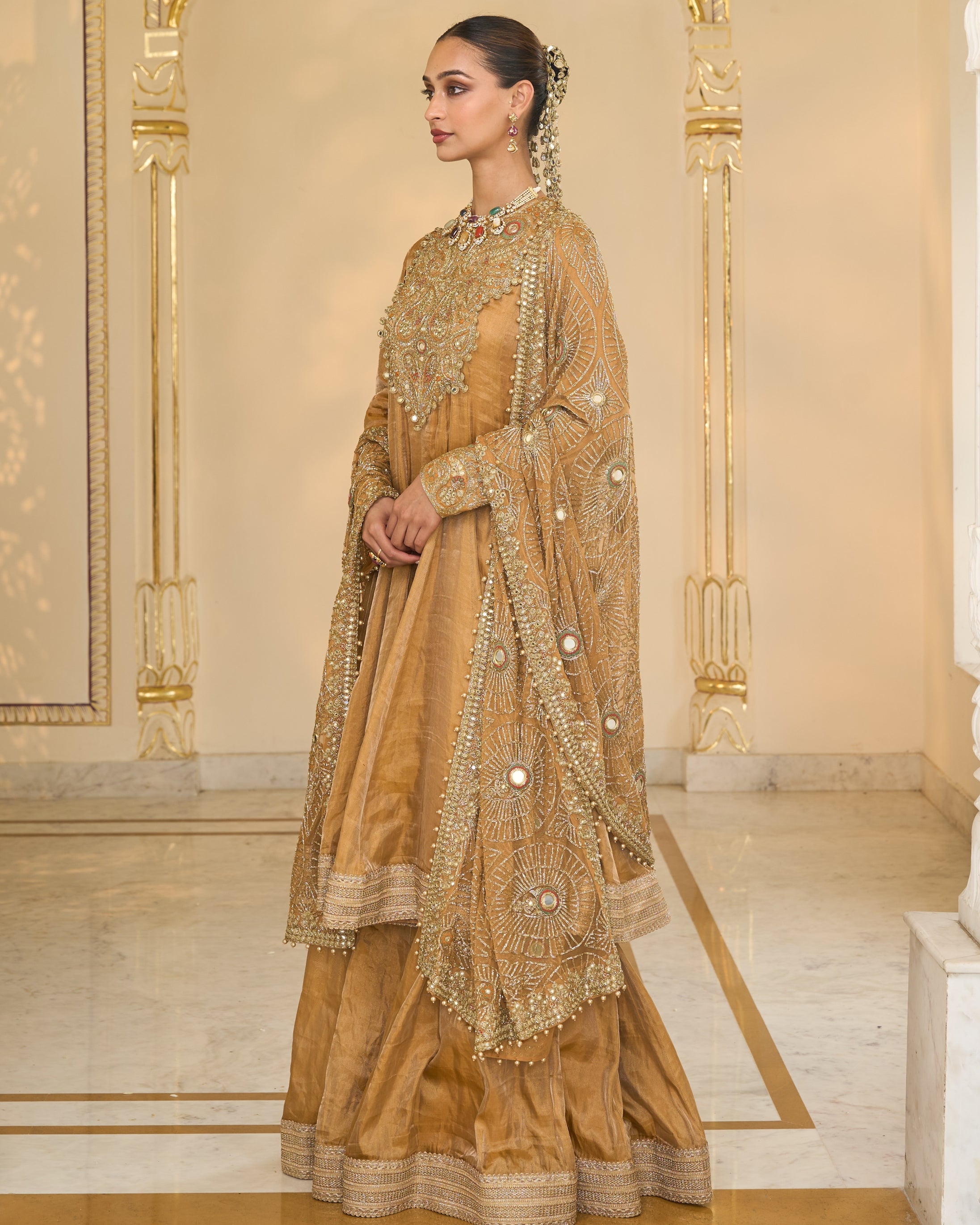 Copper Tissue Hand Embroidered Short Anarkali With Sharara With Jaal Dupatta Set