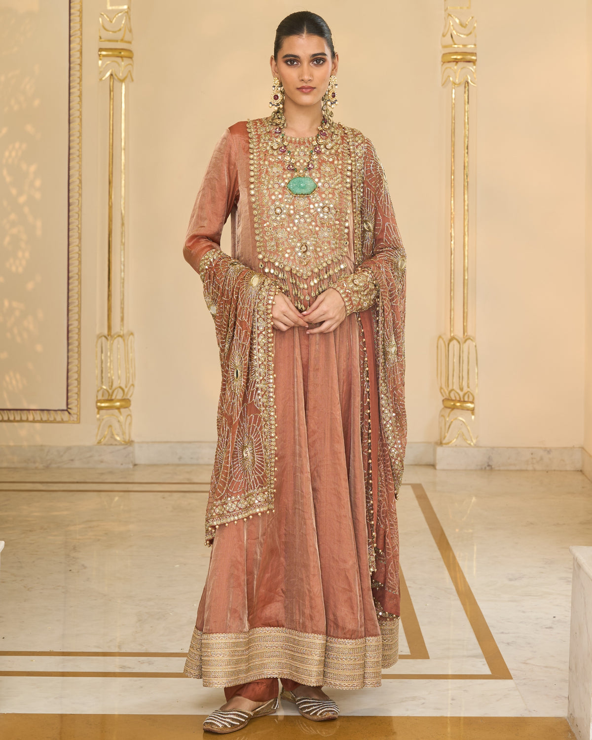 Light Brick Tissue Hand Embroidered Long Anarkali With Jaal Dupatta Set