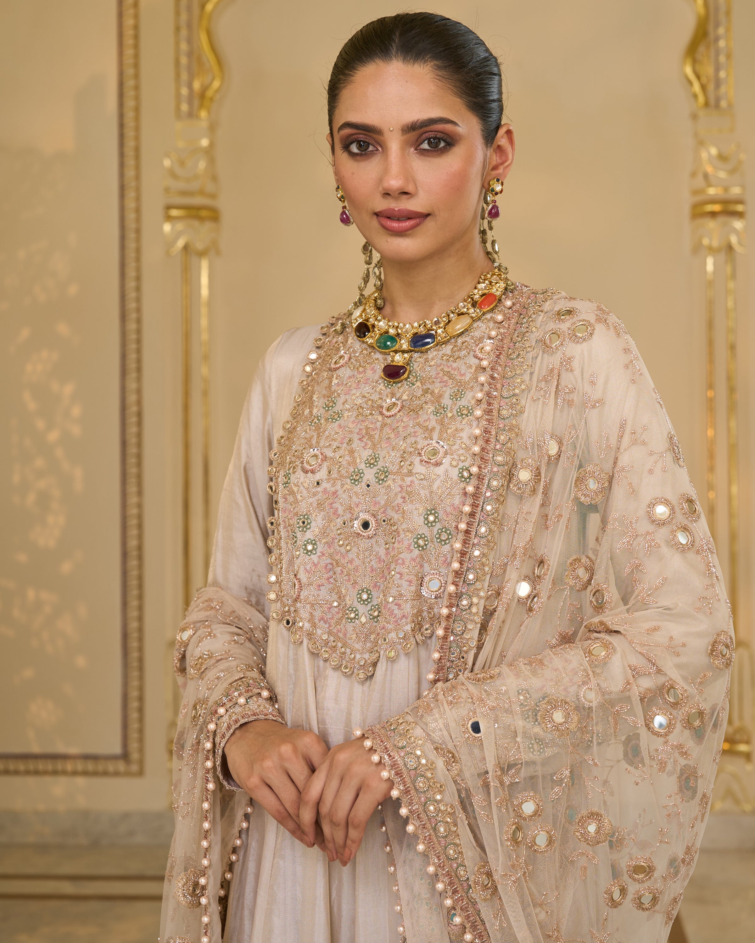 Rose Gold Tissue Hand Embroidered Long Anarkali With Jaal Dupatta Set