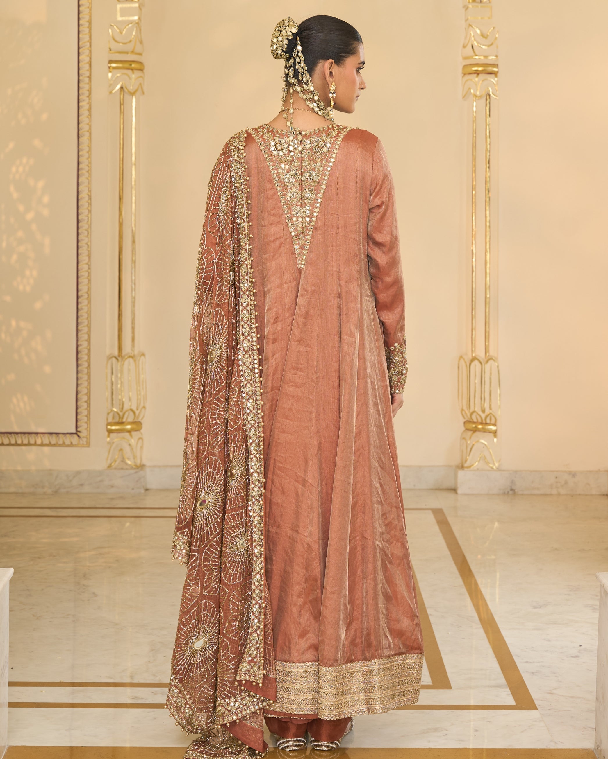 Light Brick Tissue Hand Embroidered Long Anarkali With Jaal Dupatta Set