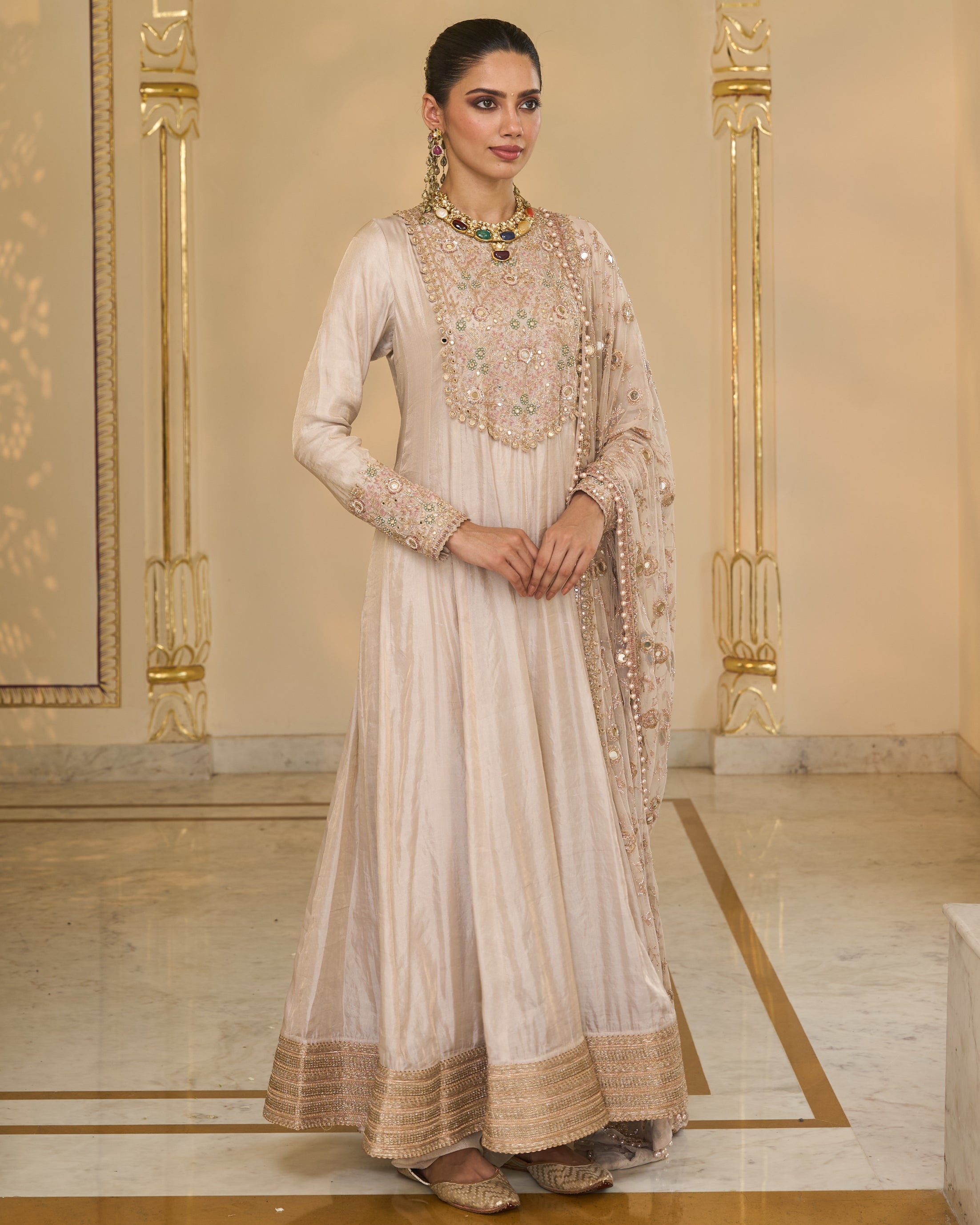 Rose Gold Tissue Hand Embroidered Long Anarkali With Jaal Dupatta Set