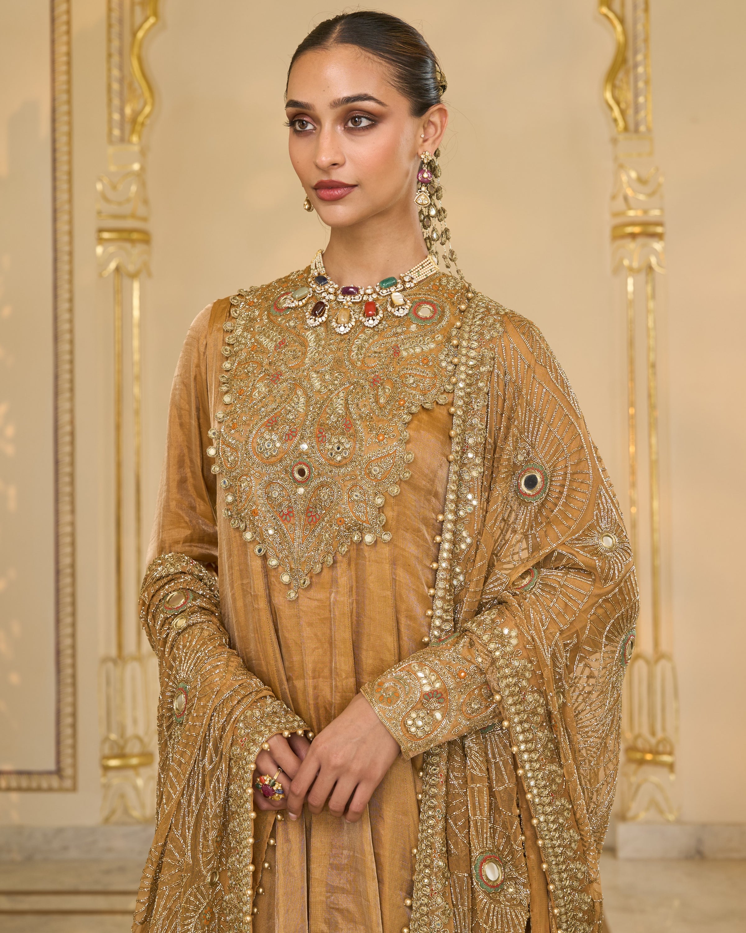 Copper Tissue Hand Embroidered Short Anarkali With Sharara With Jaal Dupatta Set