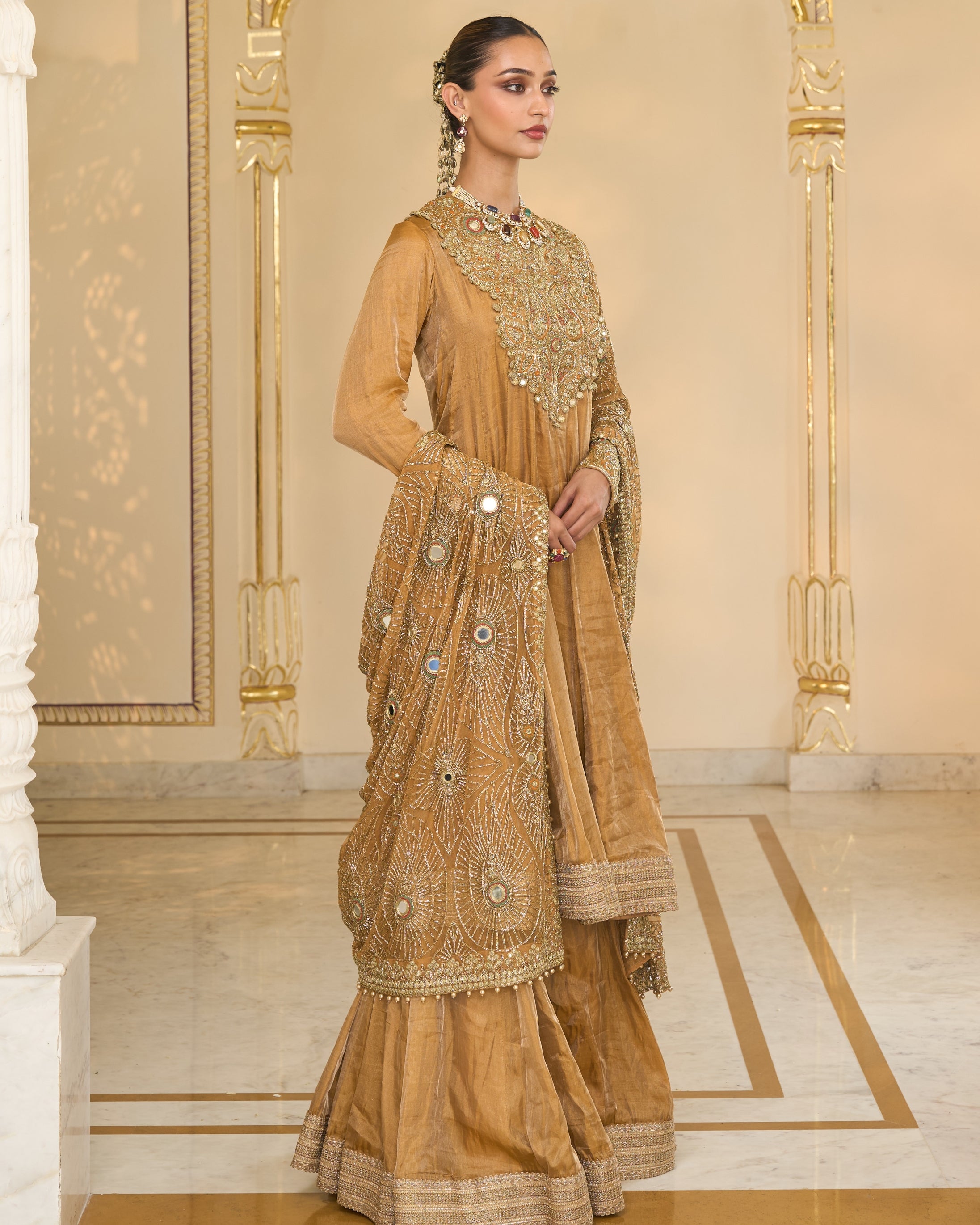 Copper Tissue Hand Embroidered Short Anarkali With Sharara With Jaal Dupatta Set