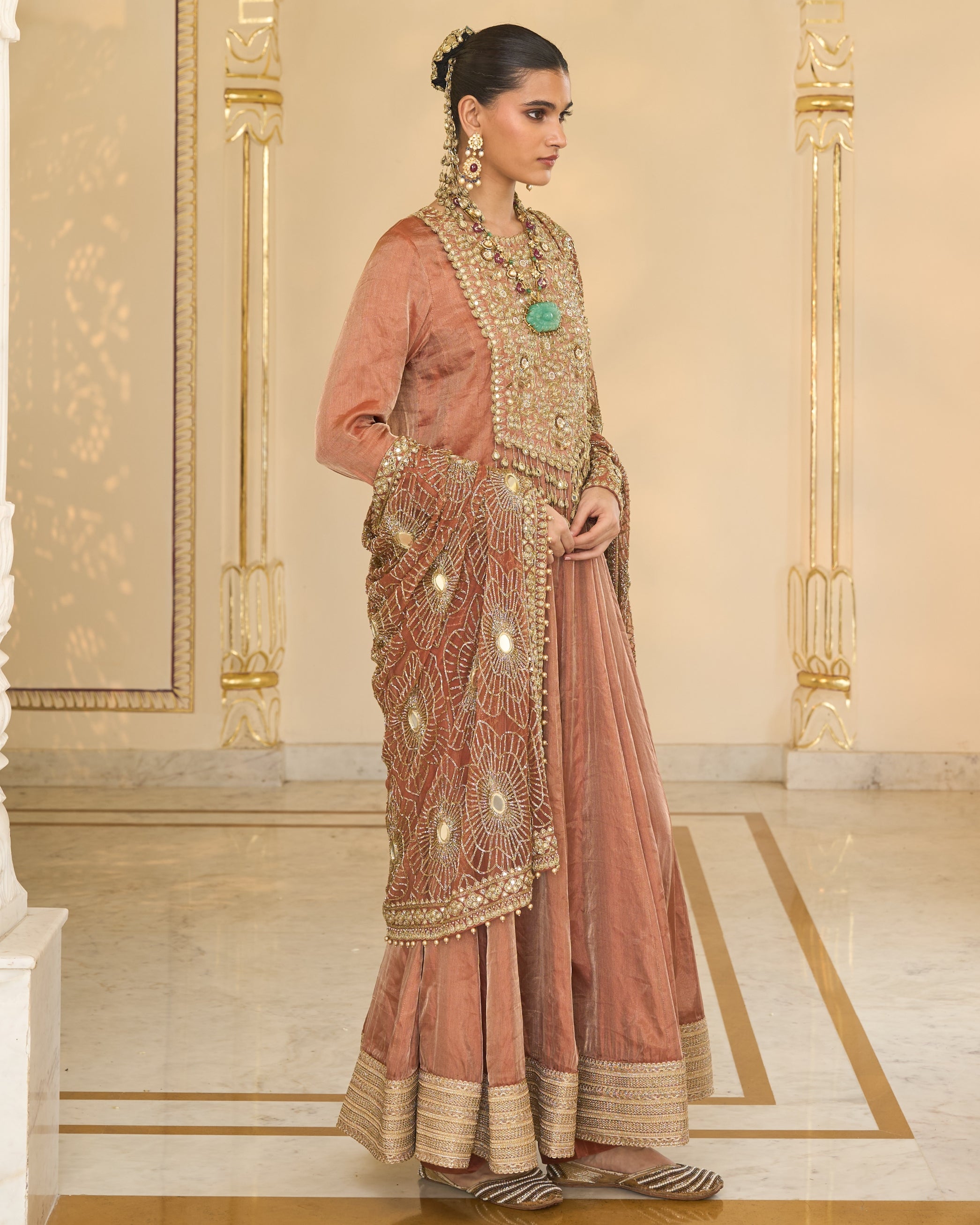 Light Brick Tissue Hand Embroidered Long Anarkali With Jaal Dupatta Set
