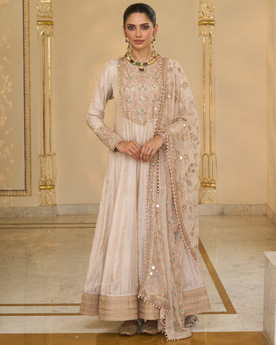 Rose Gold Tissue Hand Embroidered Long Anarkali With Jaal Dupatta Set