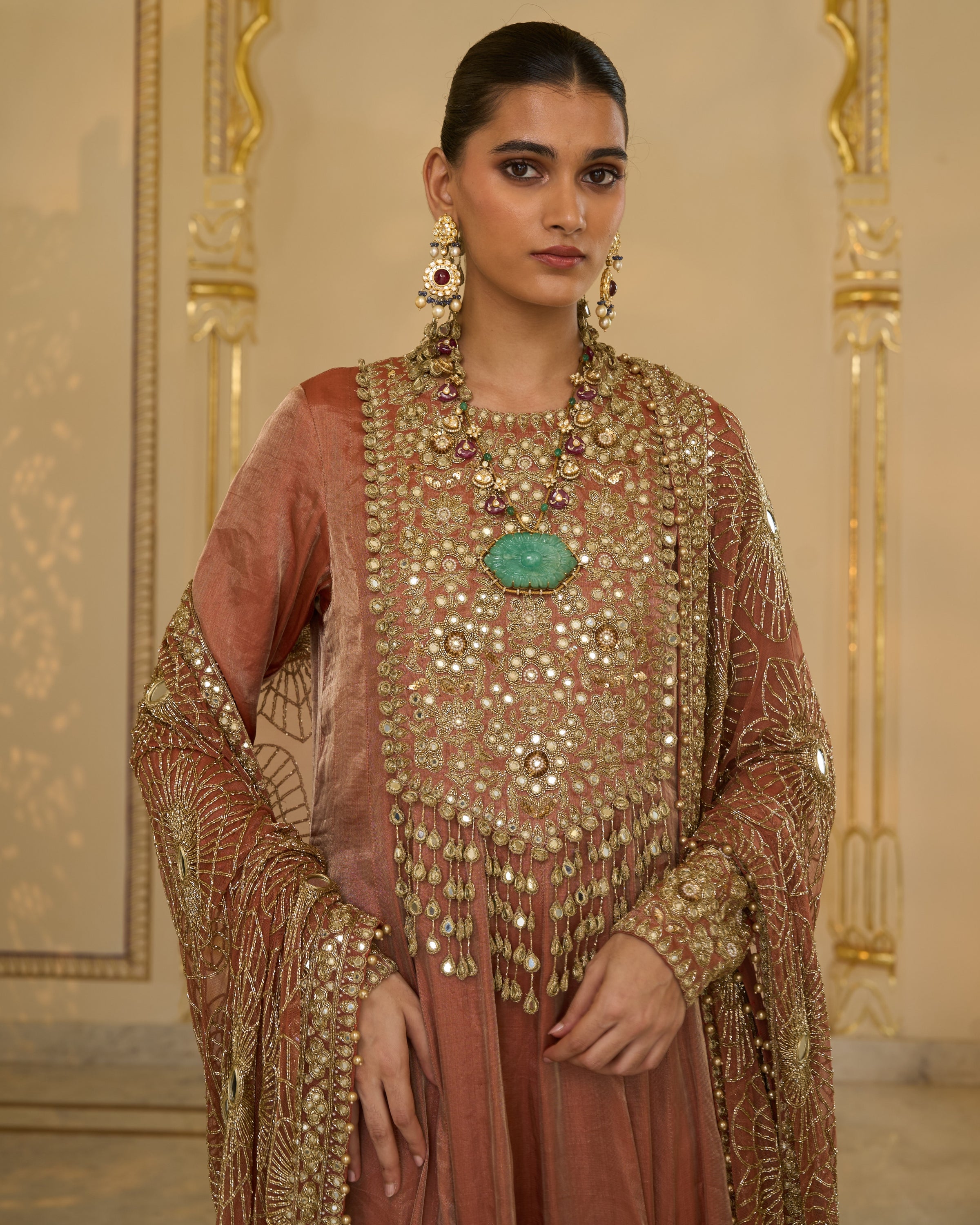 Light Brick Tissue Hand Embroidered Long Anarkali With Jaal Dupatta Set