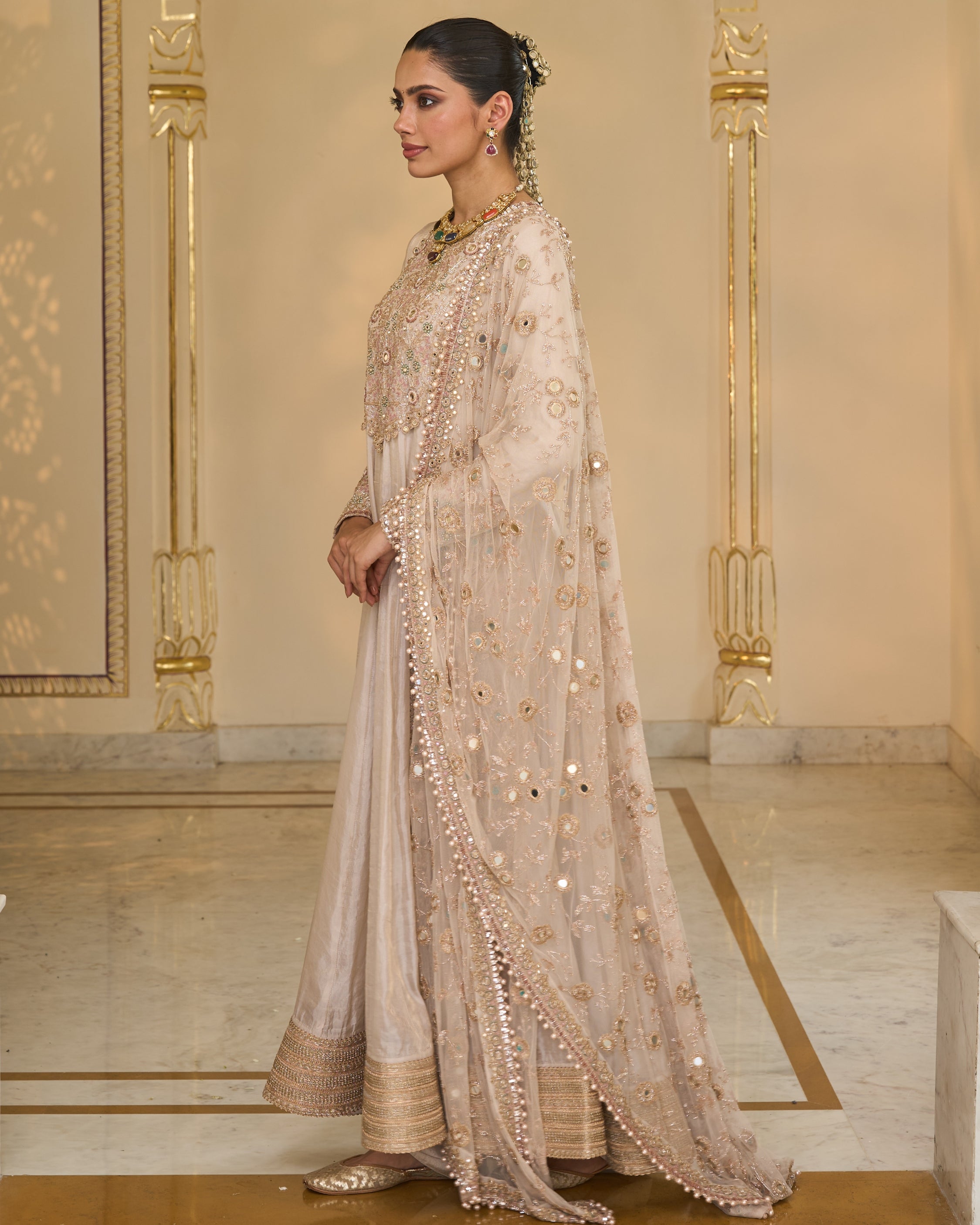 Rose Gold Tissue Hand Embroidered Long Anarkali with Jaal Dupatta Set | Arpita Mehta M / 56 Rose Gold Tissue Hand Embroidered Long Anarkali with Jaal Dupatta Set | Arpita Mehta M / 56