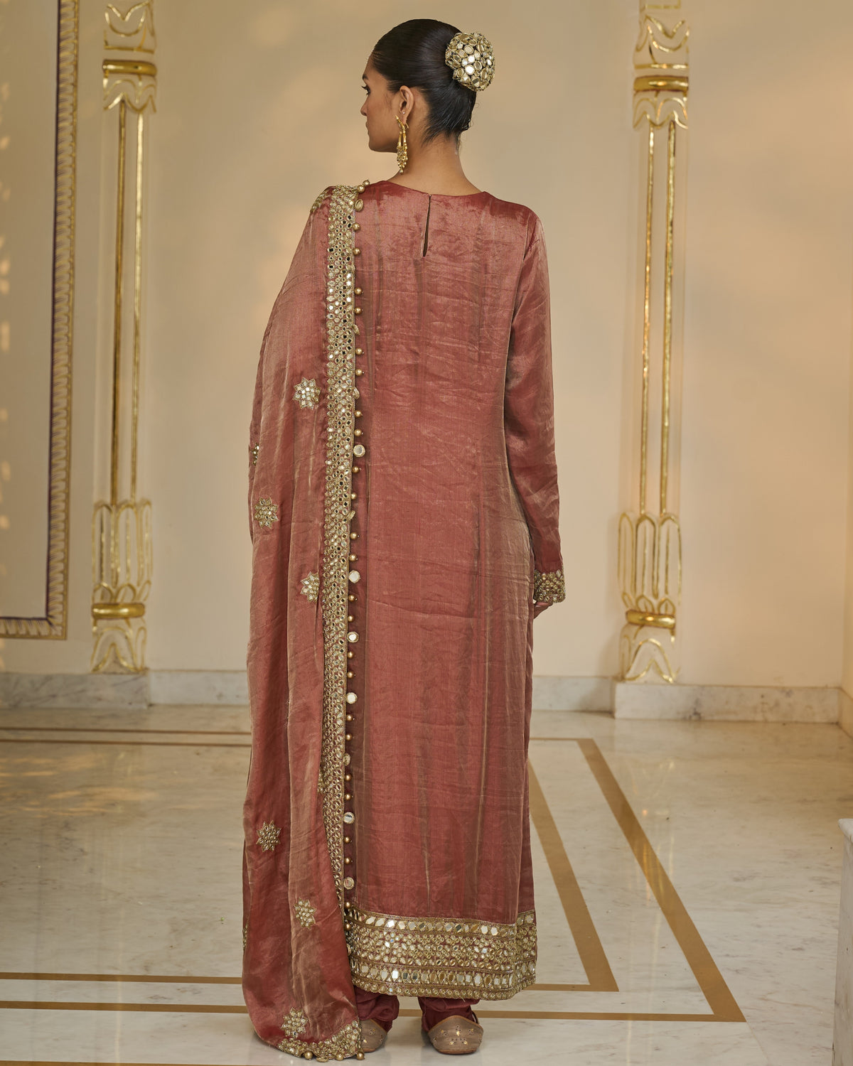 Light Brick Tissue Hand Embroidered Long Kurta Churidar Set