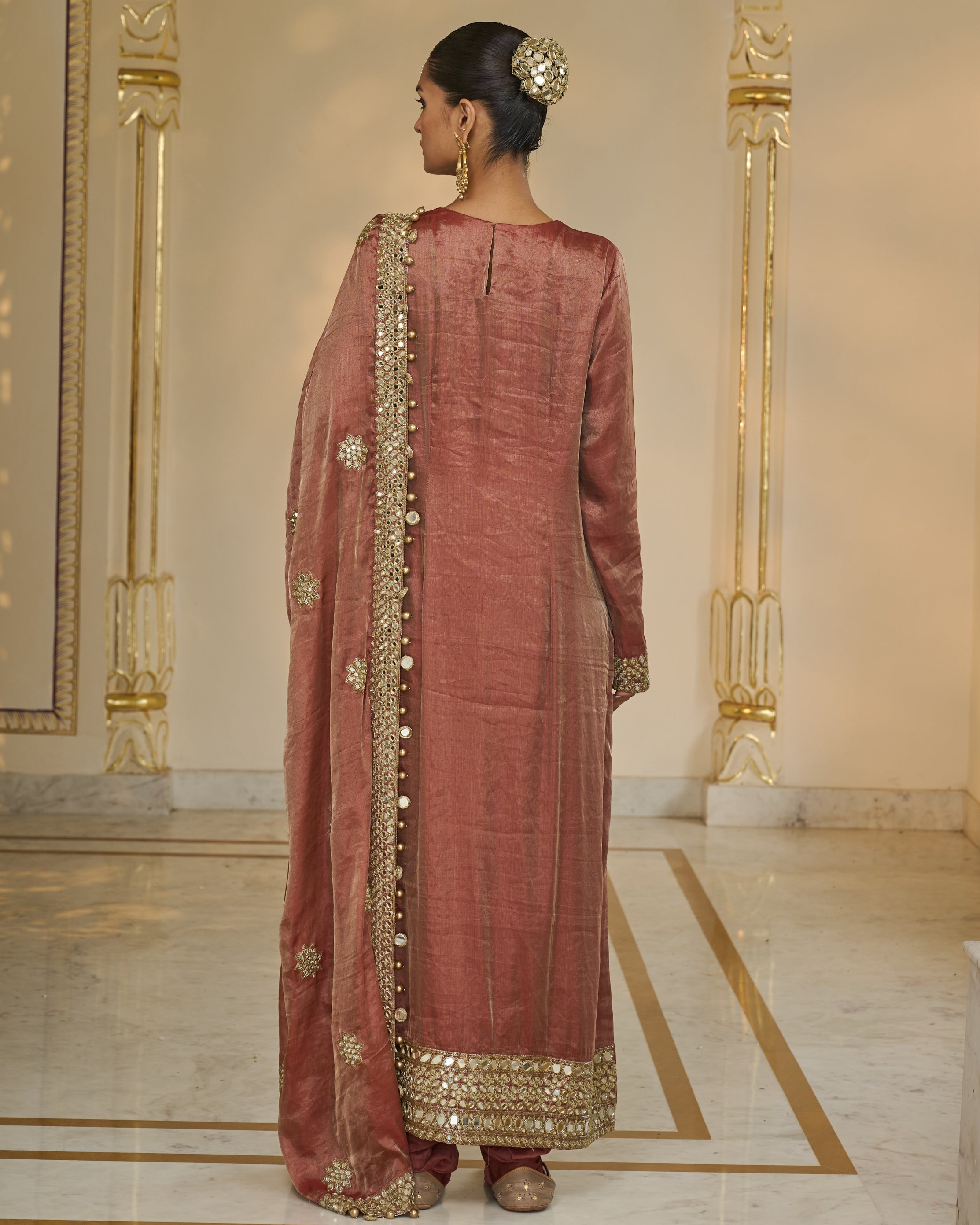Light Brick Tissue Hand Embroidered Long Kurta Churidar Set