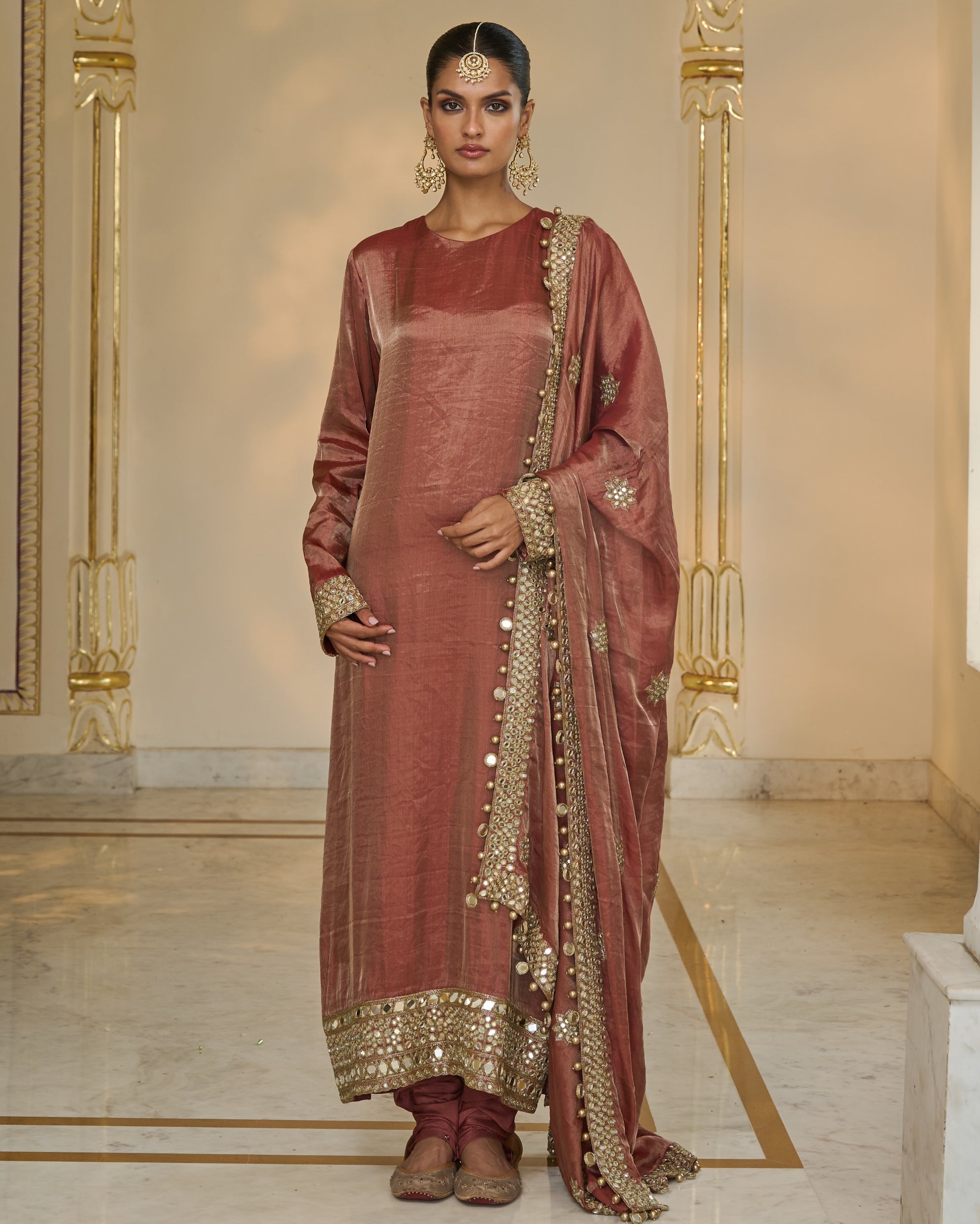 Light Brick Tissue Hand Embroidered Long Kurta Churidar Set