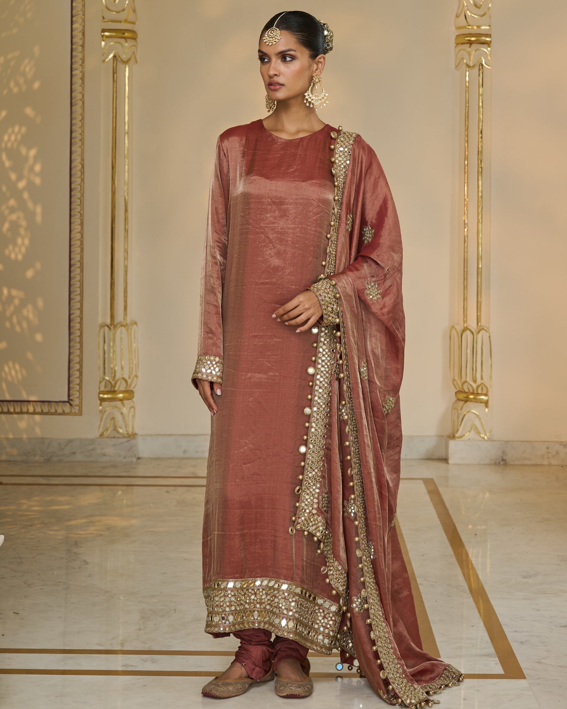 Light Brick Tissue Hand Embroidered Long Kurta Churidar Set