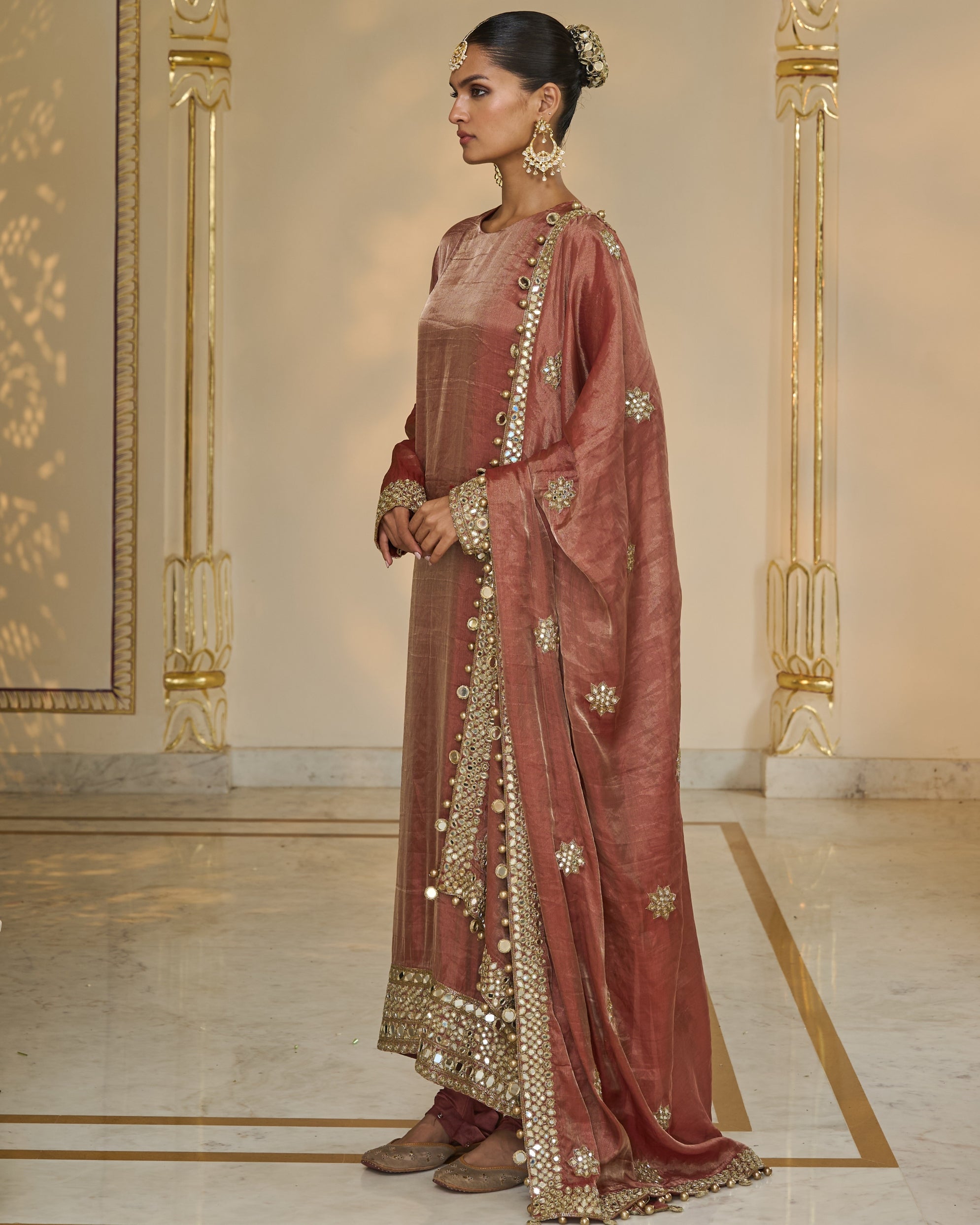 Light Brick Tissue Hand Embroidered Long Kurta Churidar Set