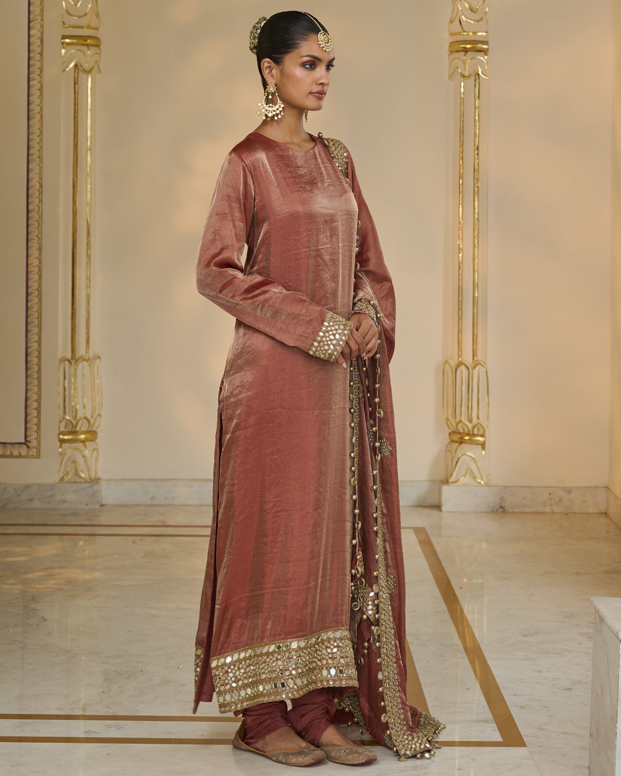 Light Brick Tissue Hand Embroidered Long Kurta Churidar Set