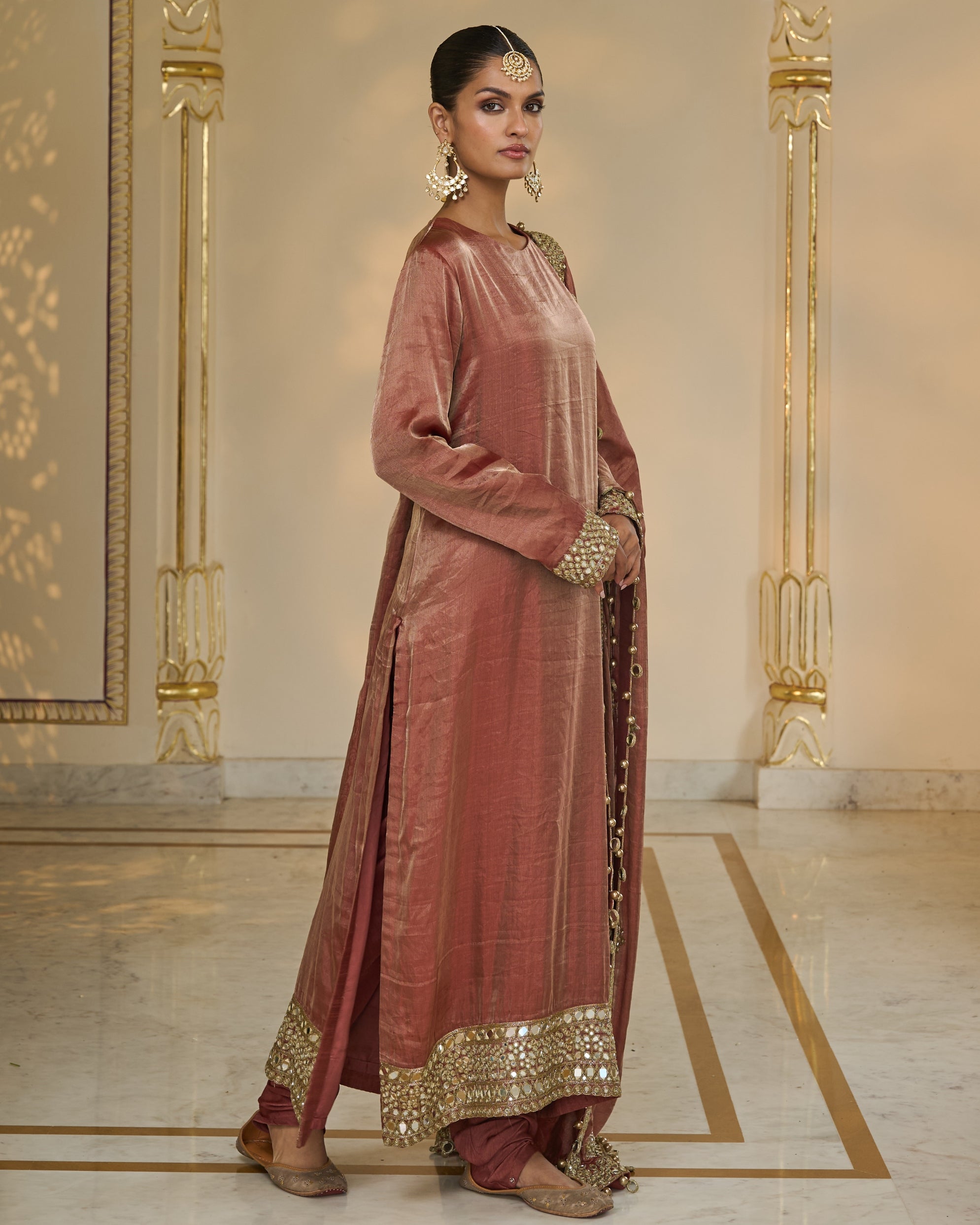 Light Brick Tissue Hand Embroidered Long Kurta Churidar Set