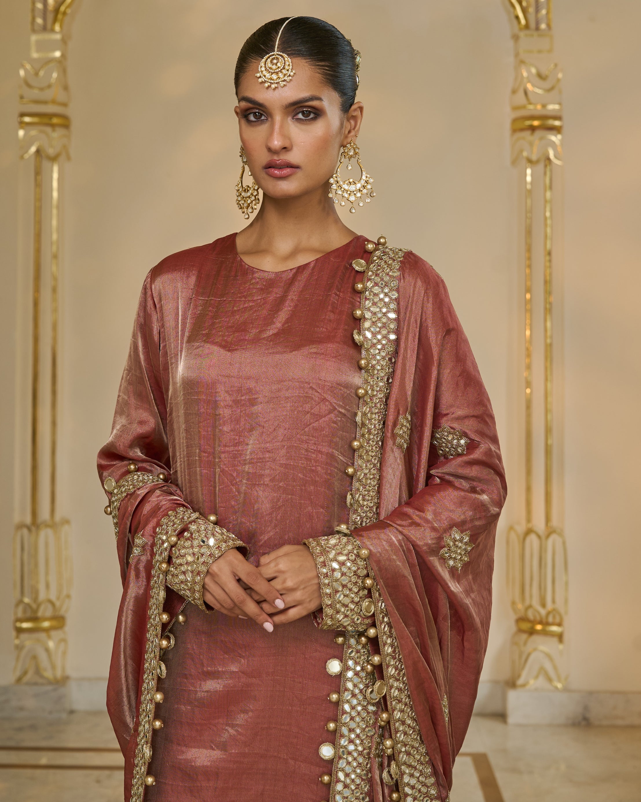 Light Brick Tissue Hand Embroidered Long Kurta Churidar Set