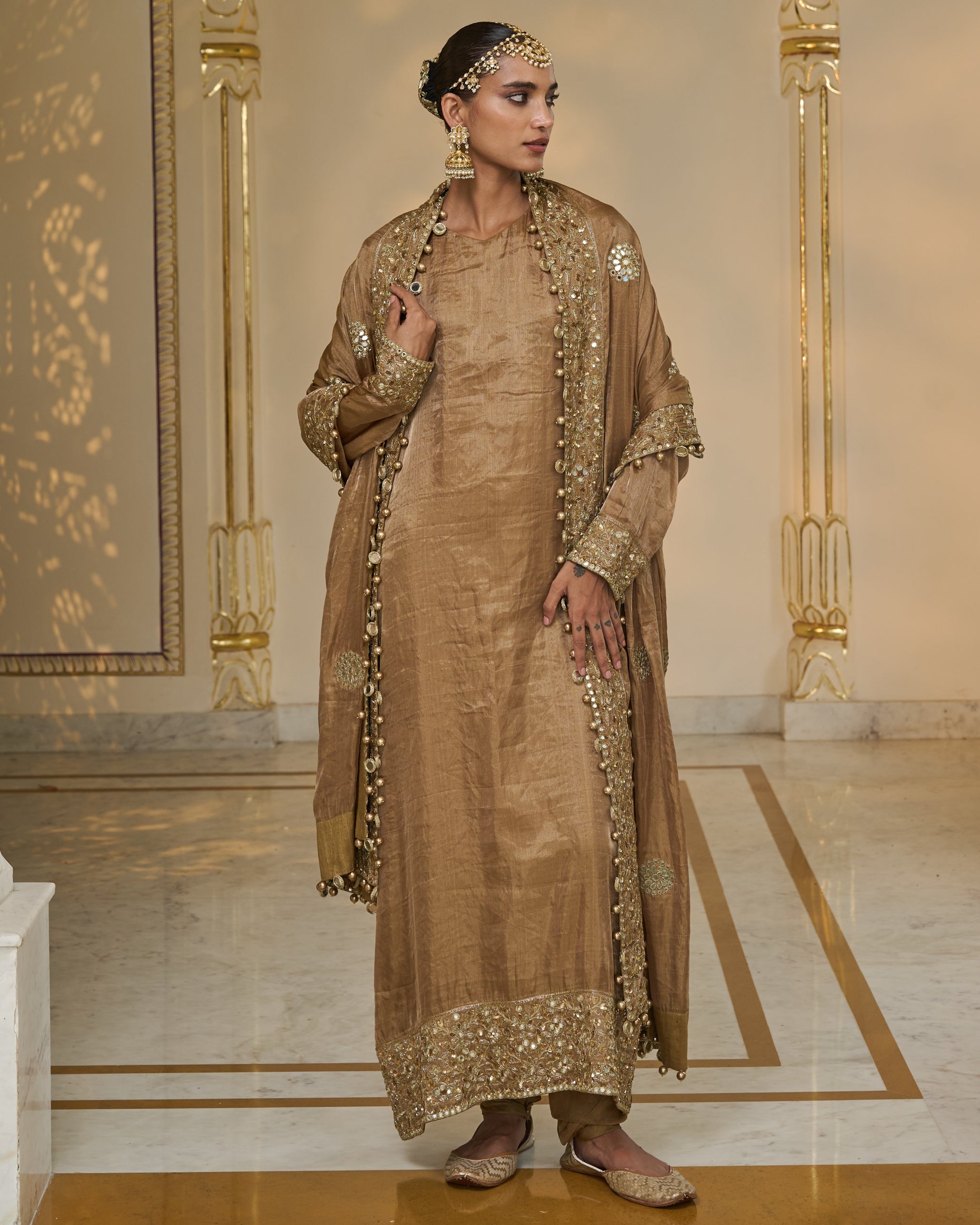 Bronze Tissue Hand Embroidered Long Kurta Churidar Set