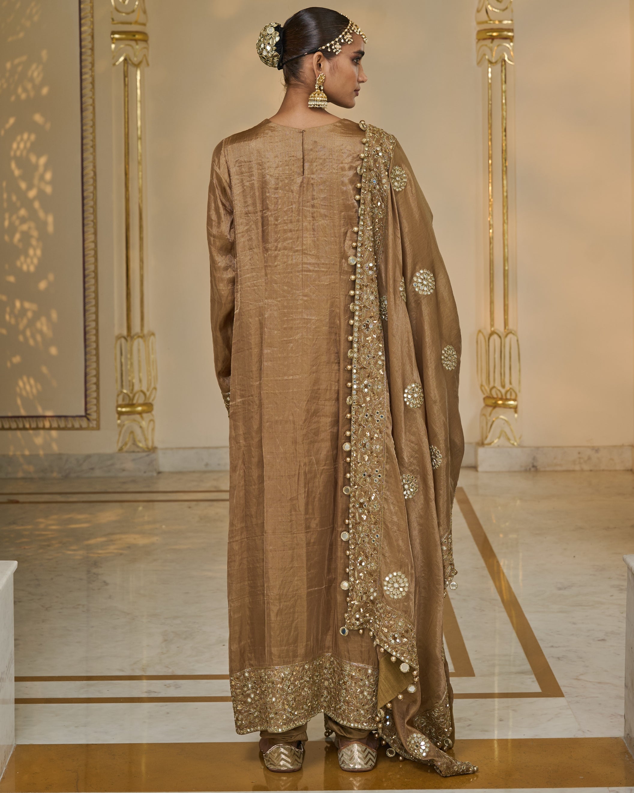 Bronze Tissue Hand Embroidered Long Kurta Churidar Set