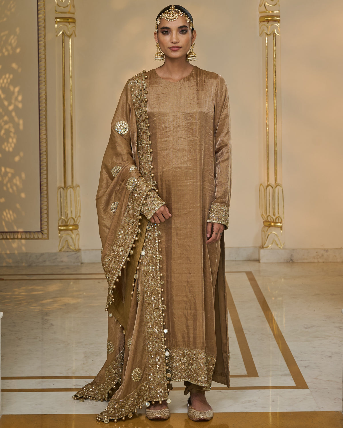 Bronze Tissue Hand Embroidered Long Kurta Churidar Set