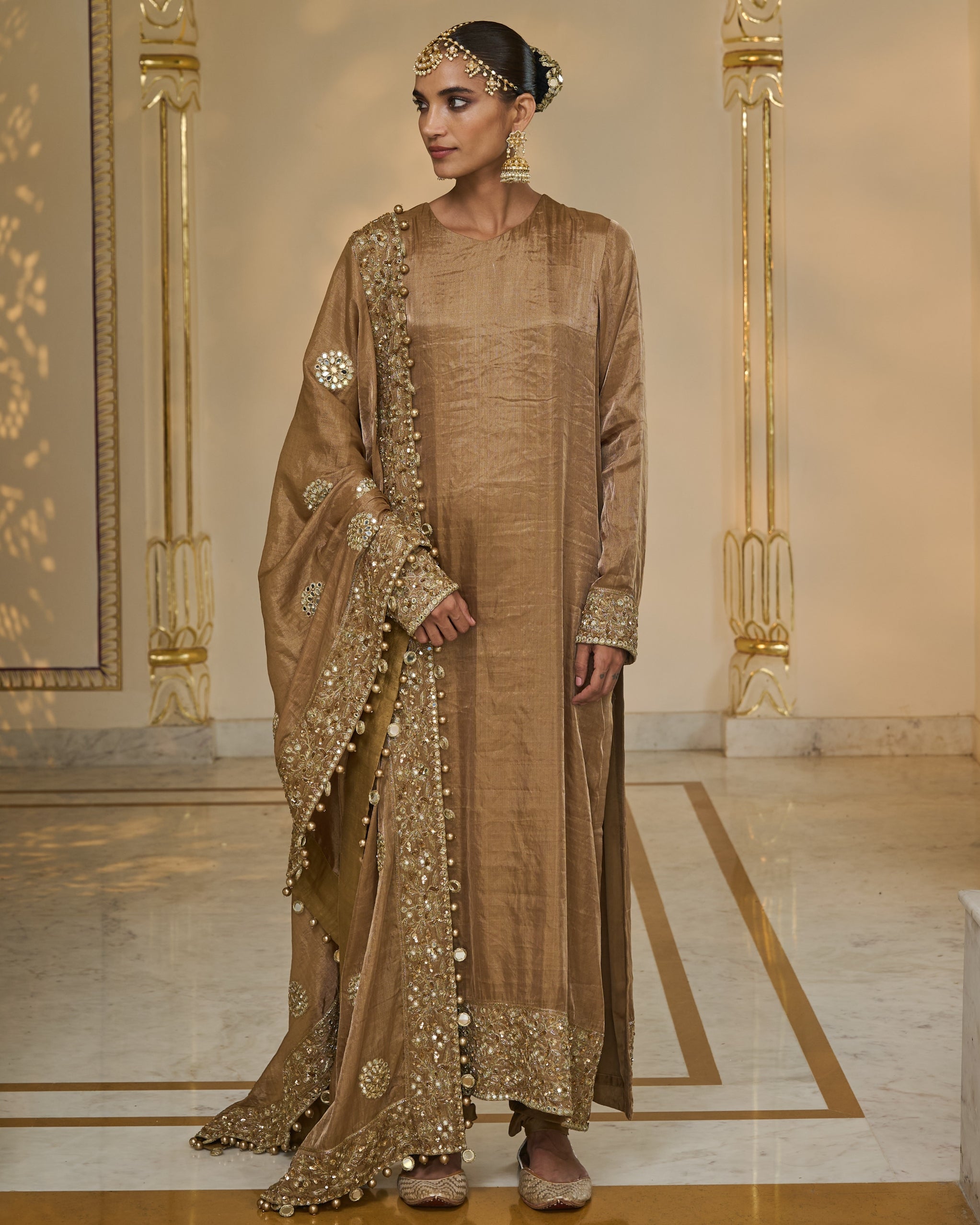Bronze Tissue Hand Embroidered Long Kurta Churidar Set
