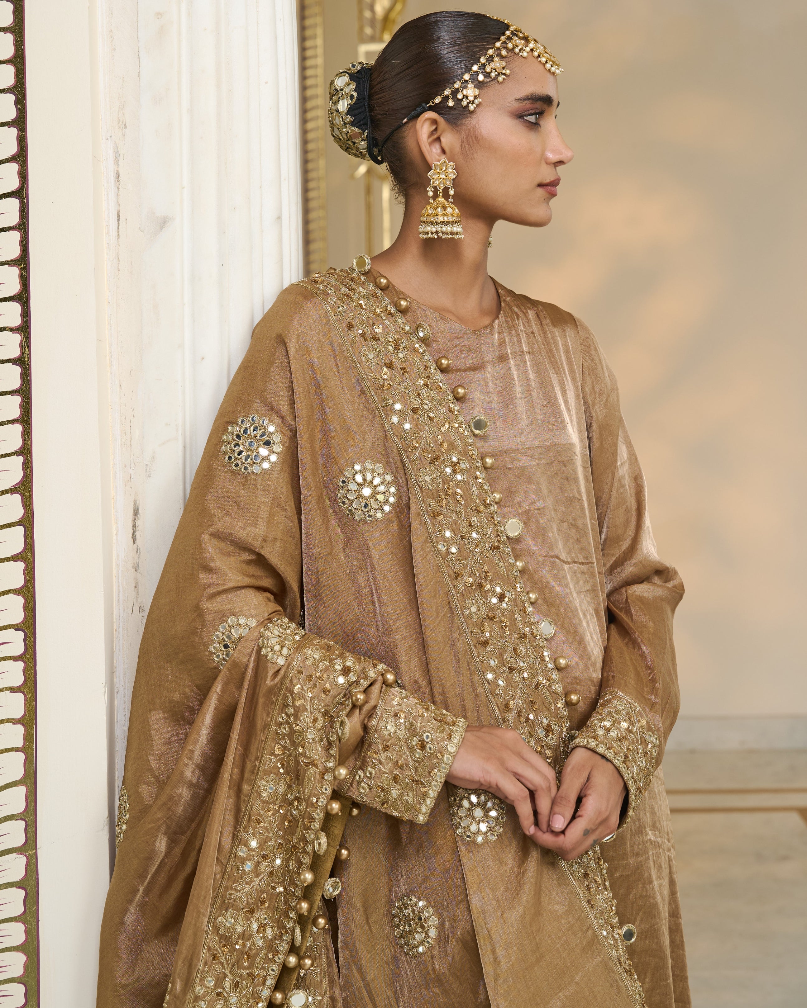 Bronze Tissue Hand Embroidered Long Kurta Churidar Set