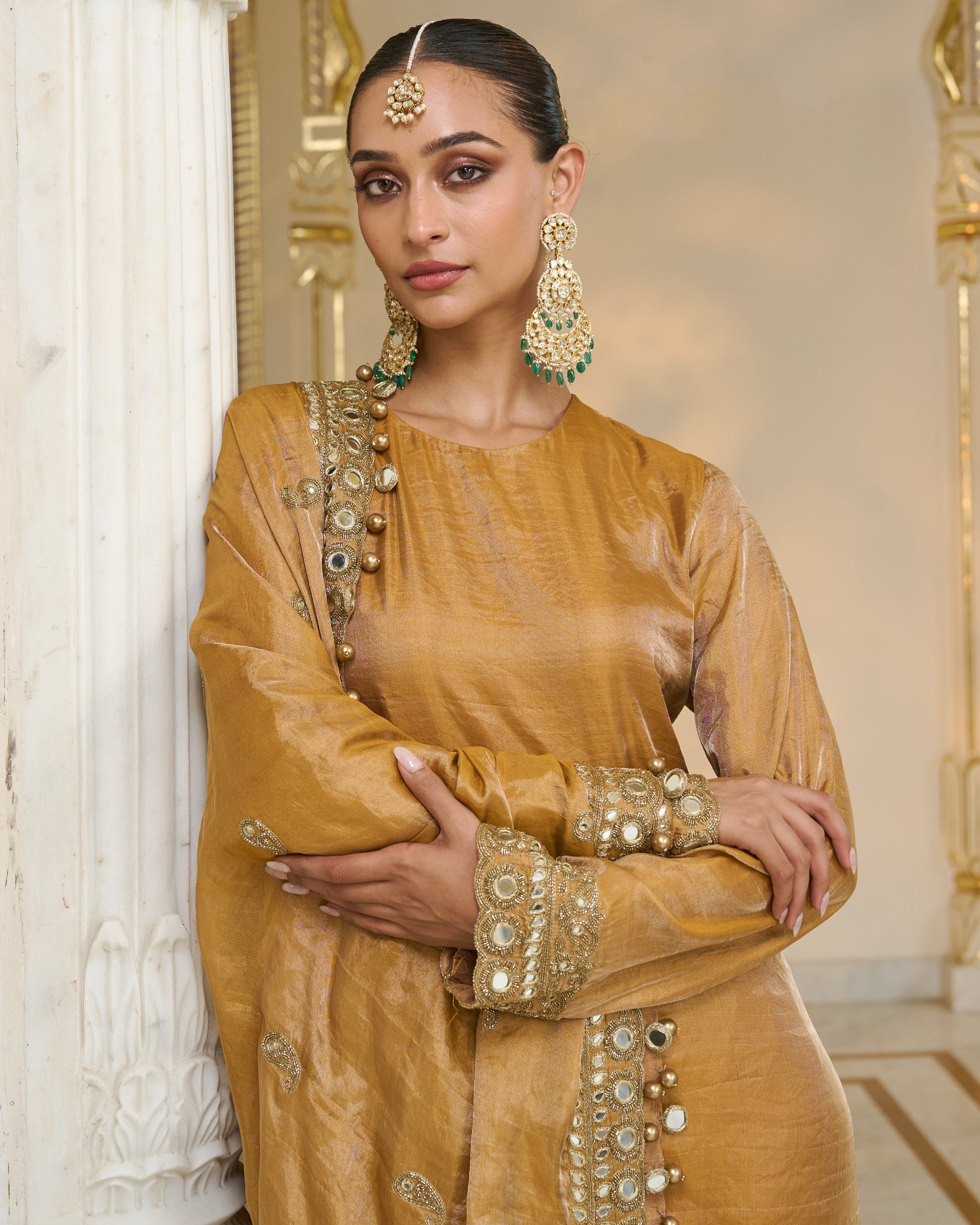 Copper Tissue Hand Embroidered Long Kurta Churidar Set