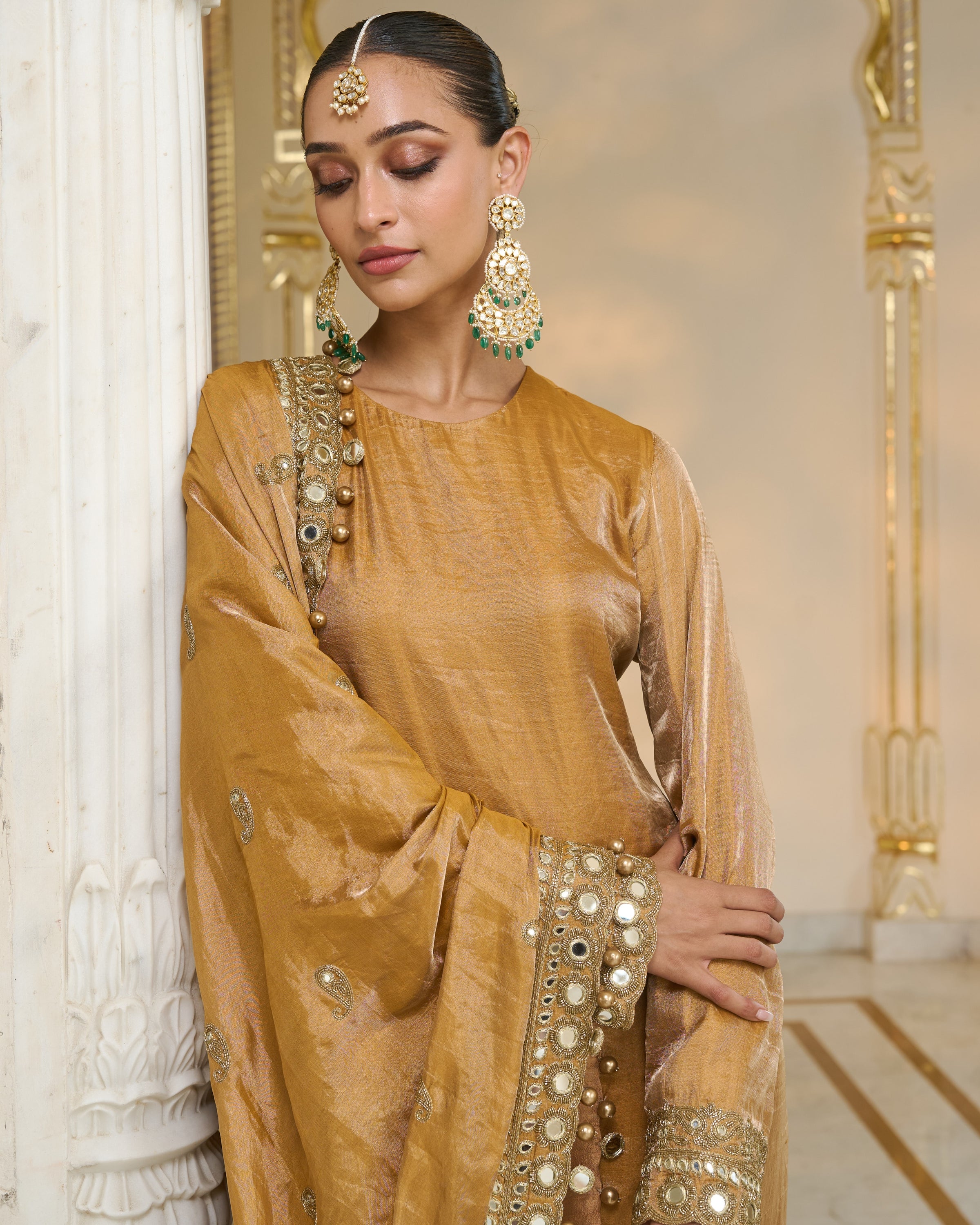 Copper Tissue Hand Embroidered Long Kurta Churidar Set