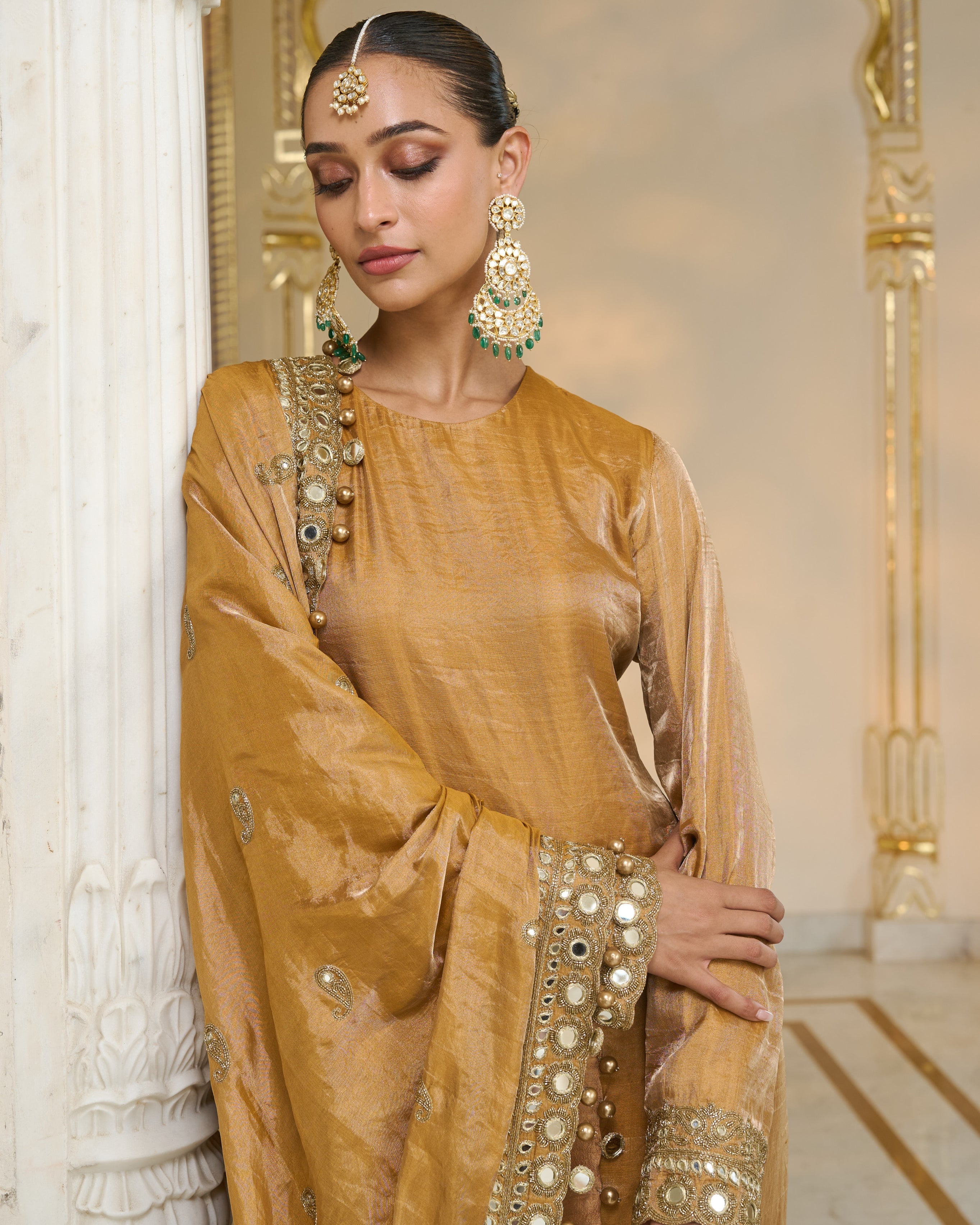 Copper Tissue Hand Embroidered Long Kurta Churidar Set