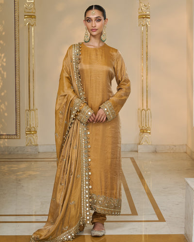 Copper Tissue Hand Embroidered Long Kurta Churidar Set