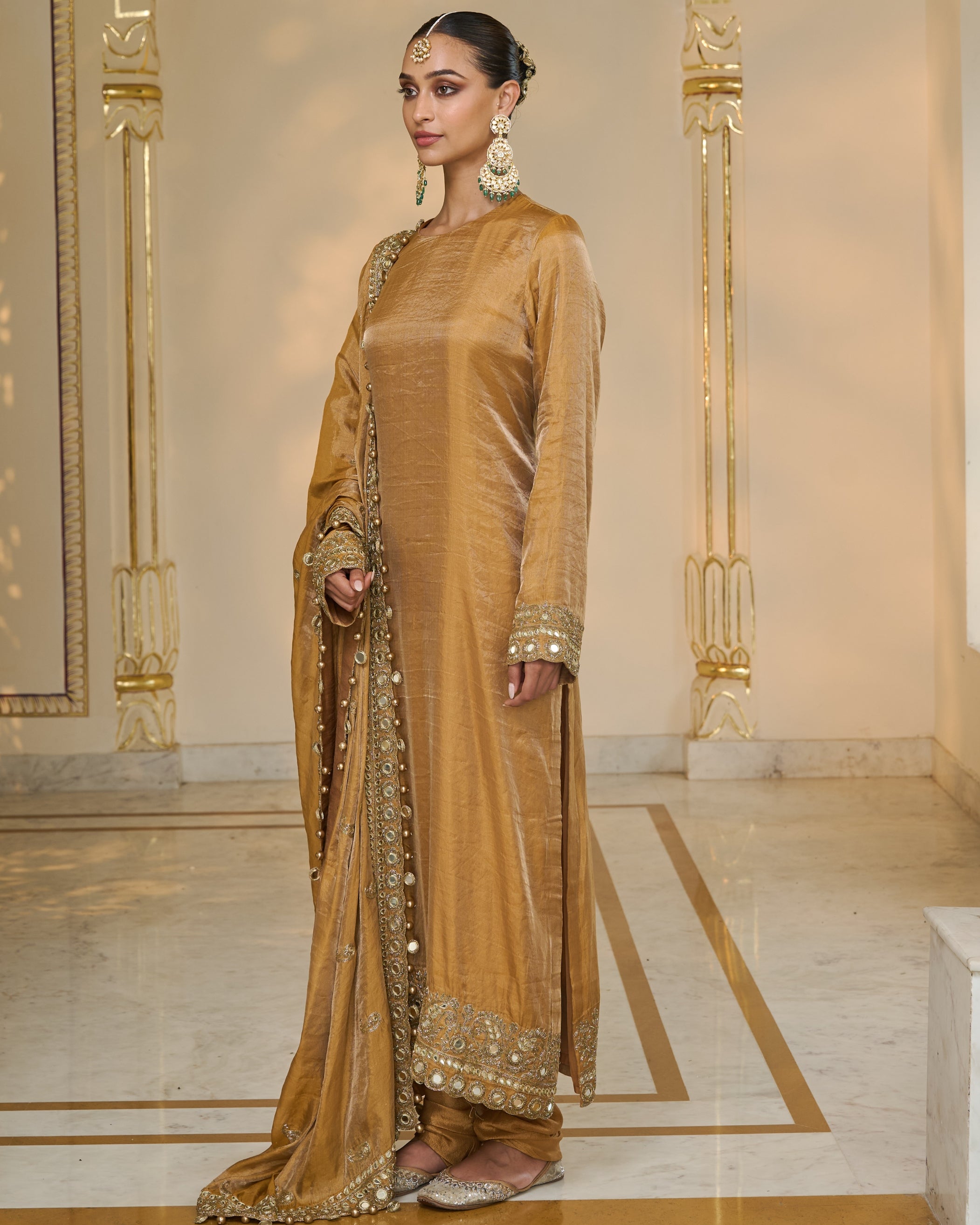 Copper Tissue Hand Embroidered Long Kurta Churidar Set