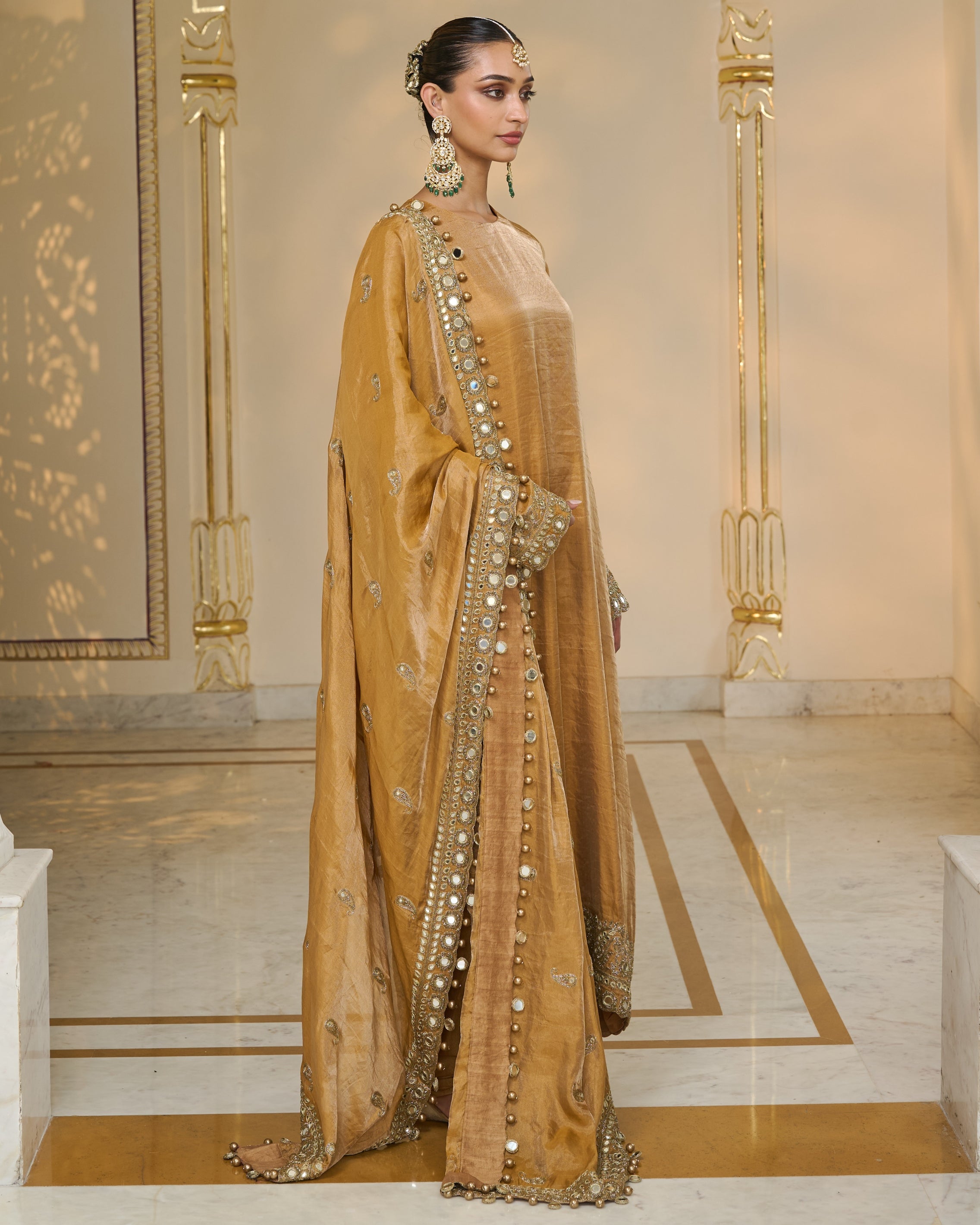 Copper Tissue Hand Embroidered Long Kurta Churidar Set