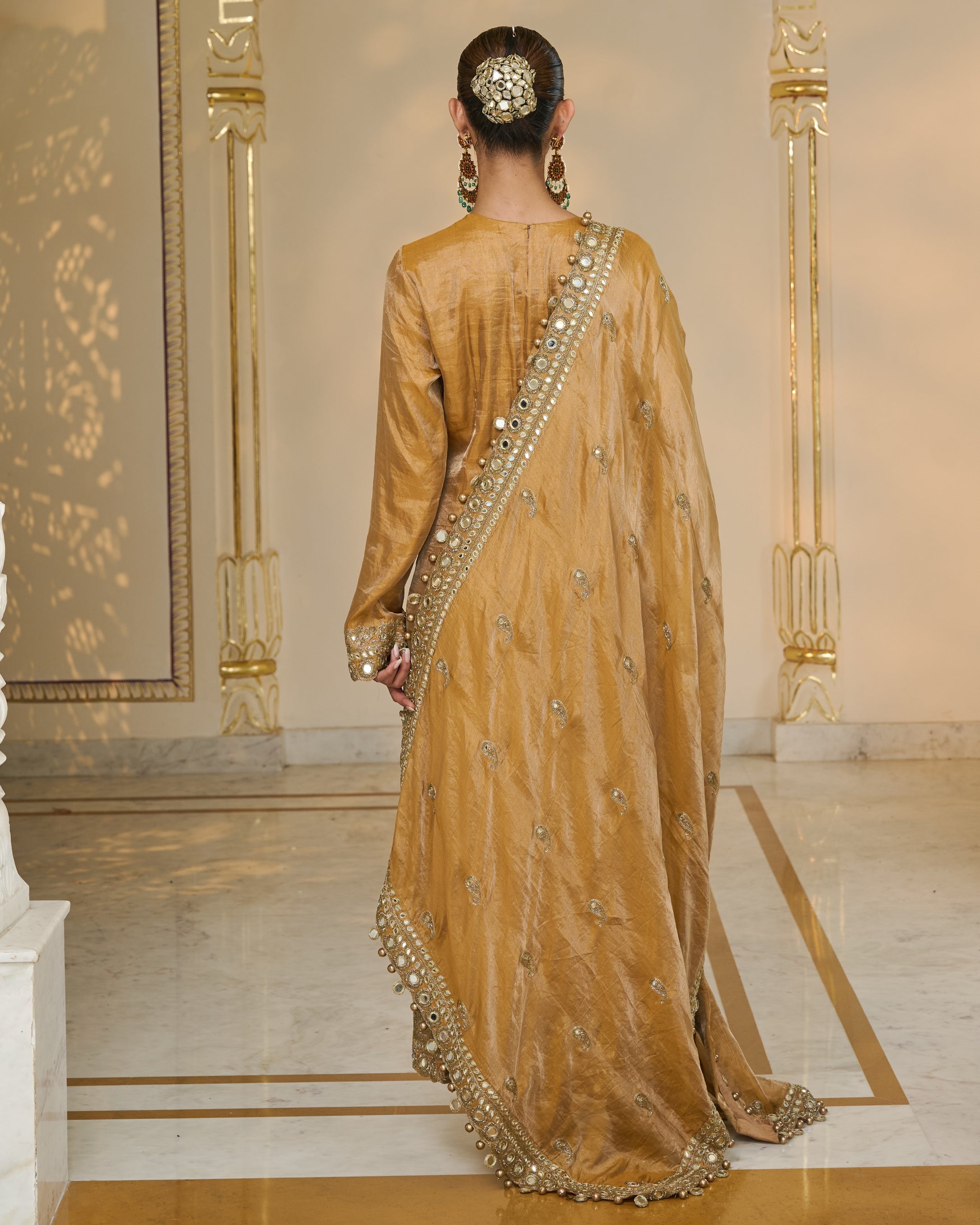 Copper Tissue Hand Embroidered Long Kurta Churidar Set