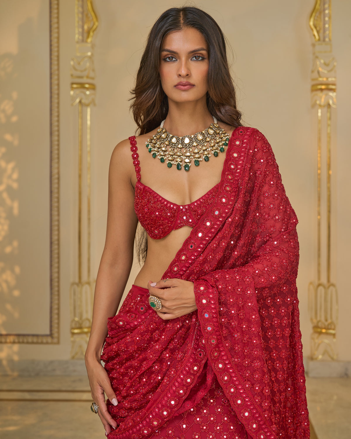 Red Hand Embroidered Pre
 Stitched Lehenga
 Sari Set