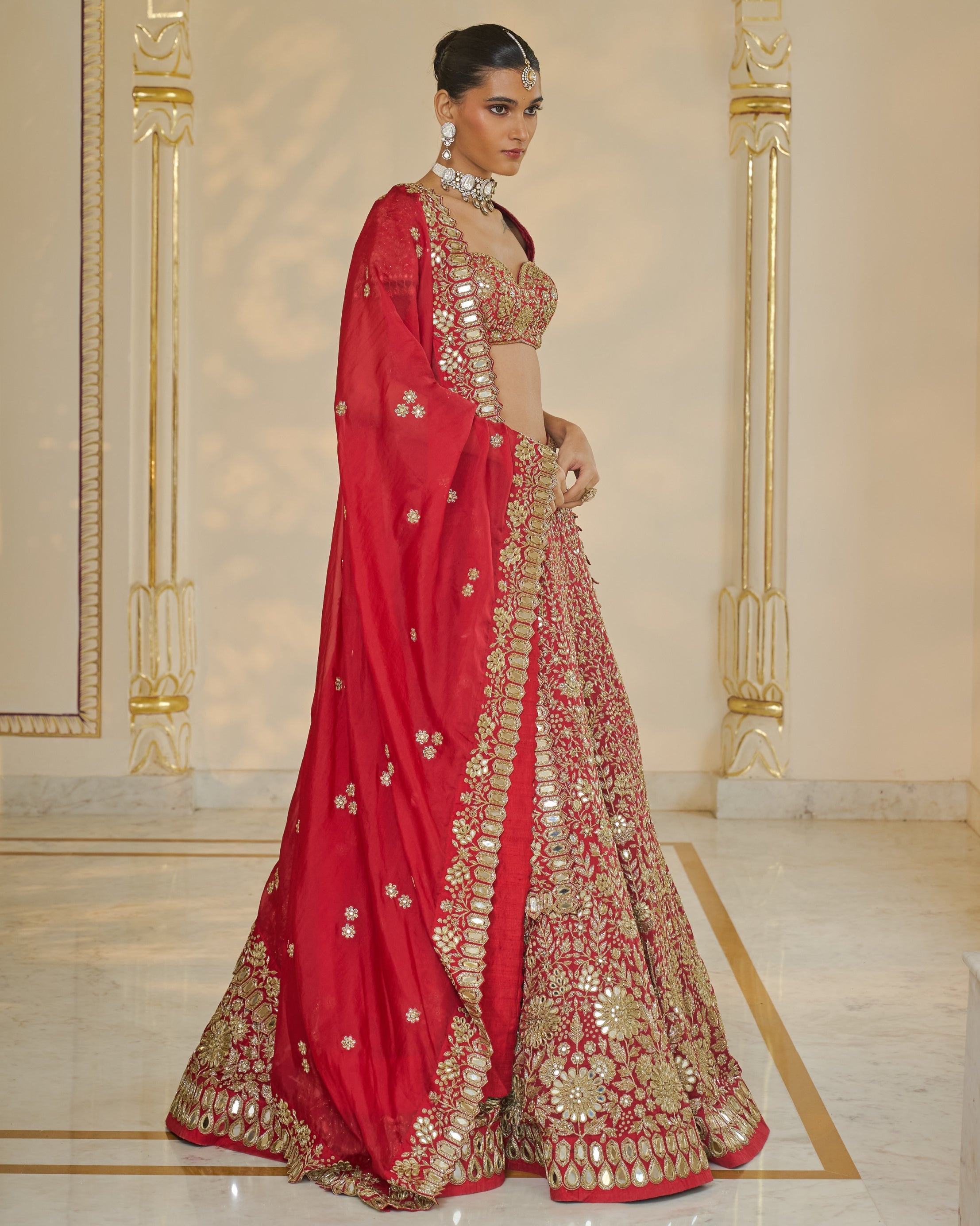 Red & Gold Floral Hand Embroidered Lehenga Set