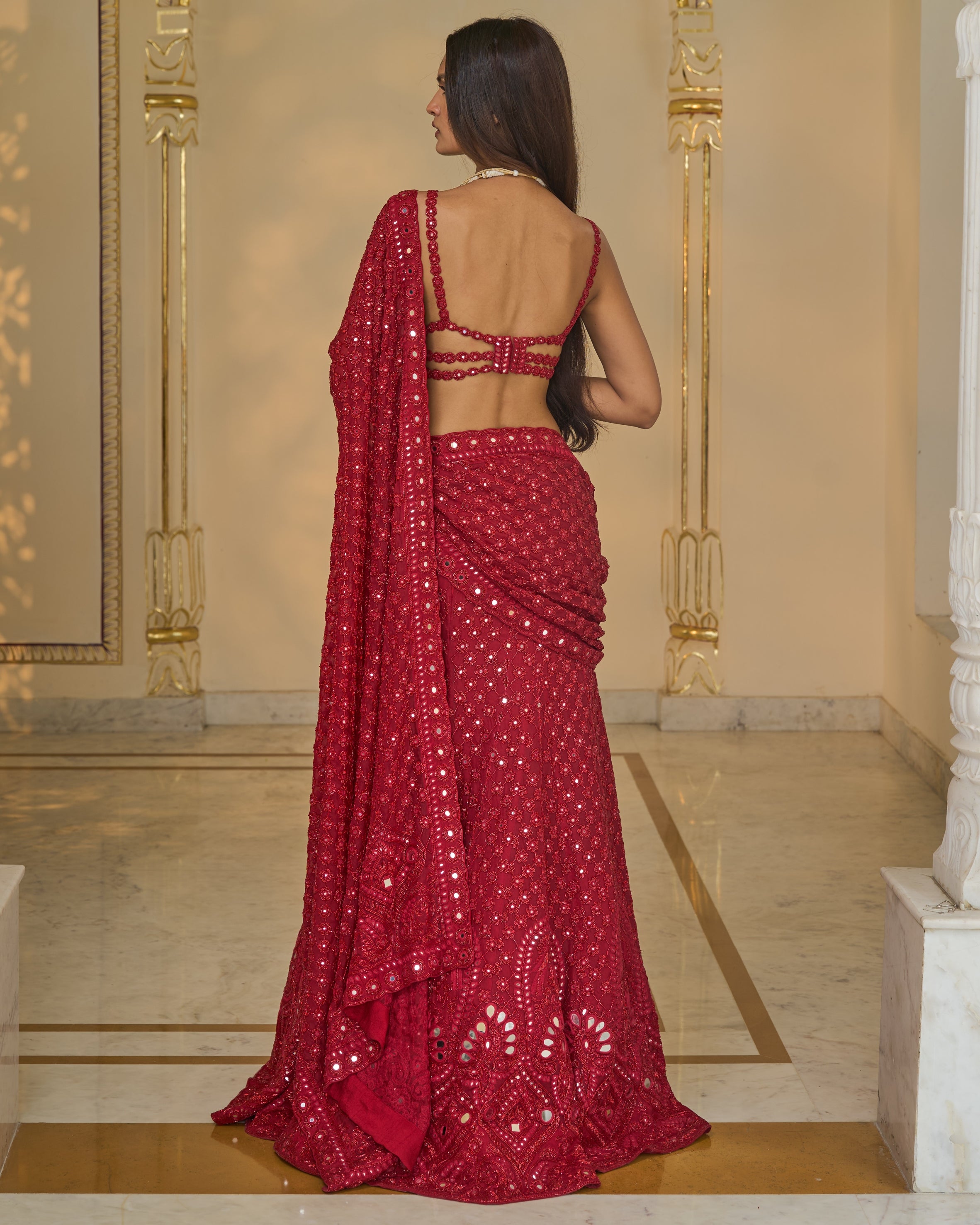 Red Hand Embroidered Pre
 Stitched Lehenga
 Sari Set