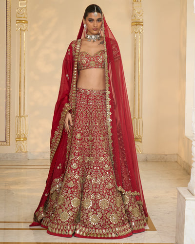 Red & Gold Floral Hand Embroidered Lehenga Set