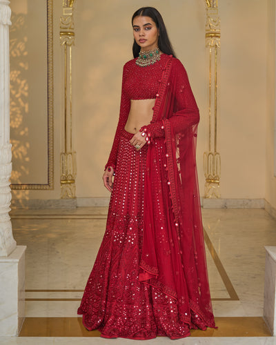 All Red Hand Embroidered Linear Lehenga Set