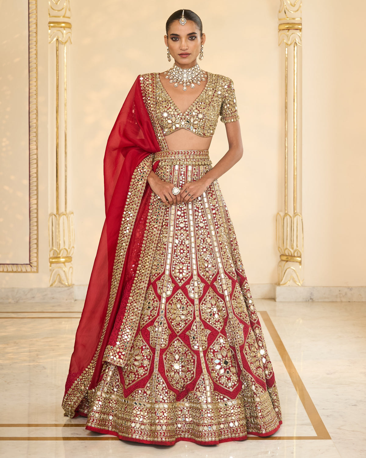 Red & Gold Hand Embroidered Mirror & Thread Lehenga Set