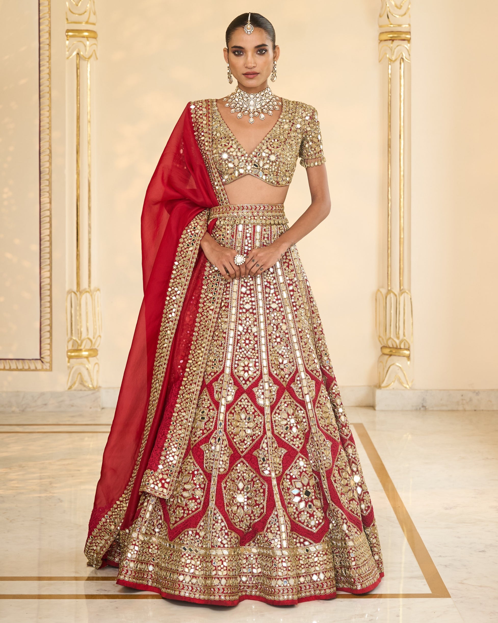 Red & Gold Hand Embroidered Mirror & Thread Lehenga Set