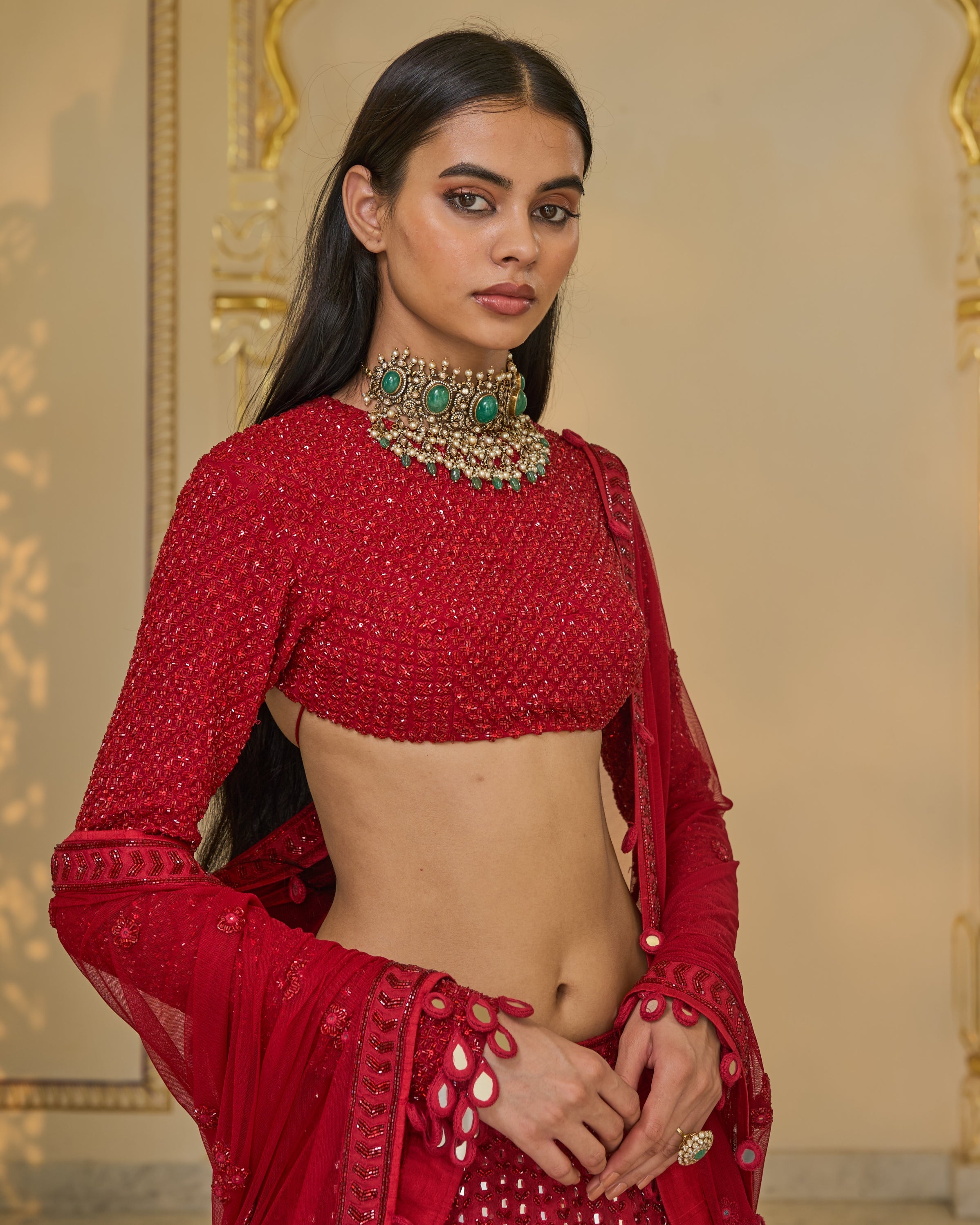 All Red Hand Embroidered Linear Lehenga Set