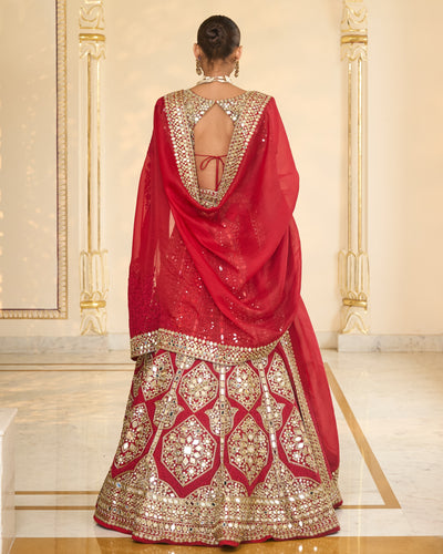 Red & Gold Hand Embroidered Mirror & Thread Lehenga Set