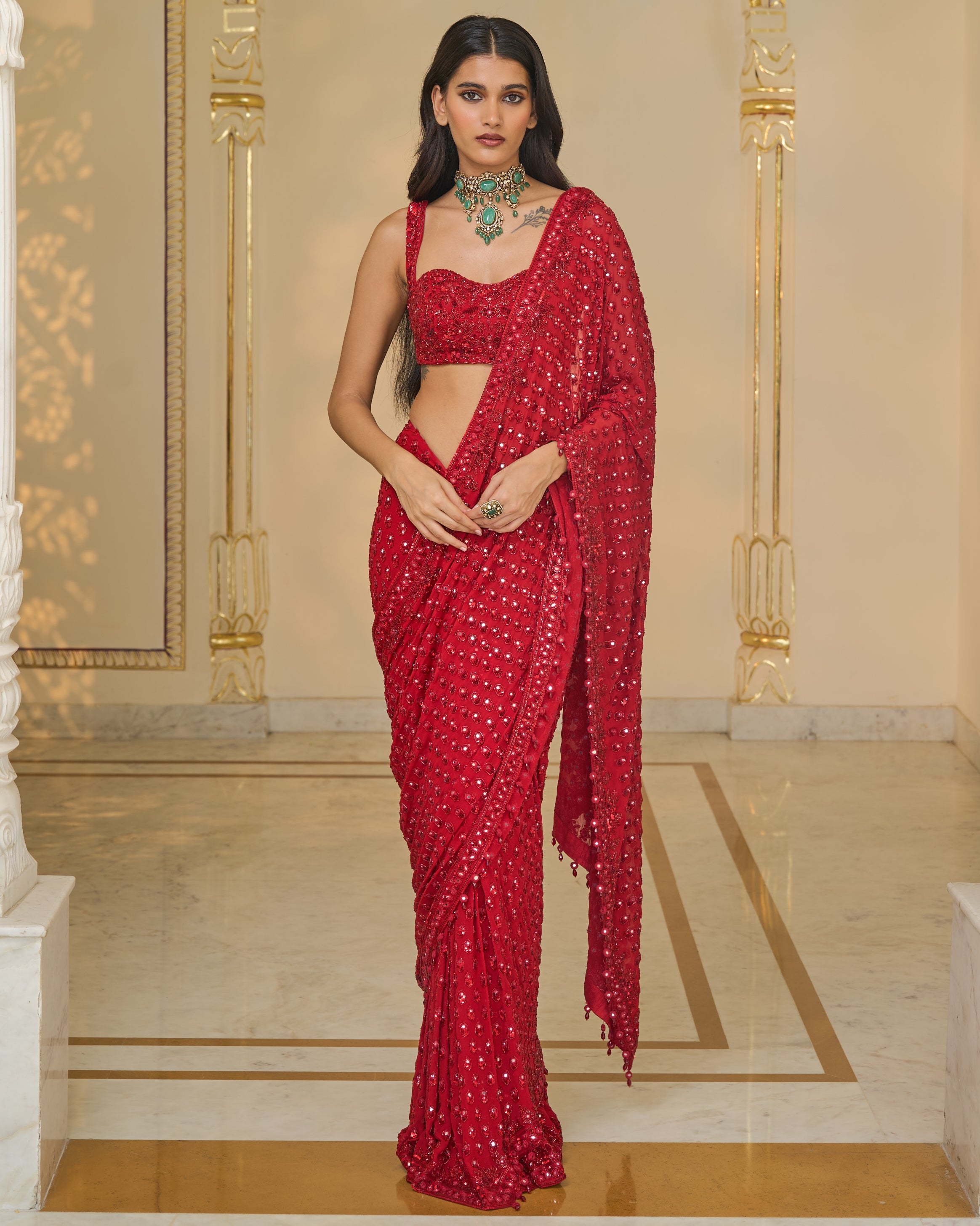 All Red Hand Embroidered Sari Set