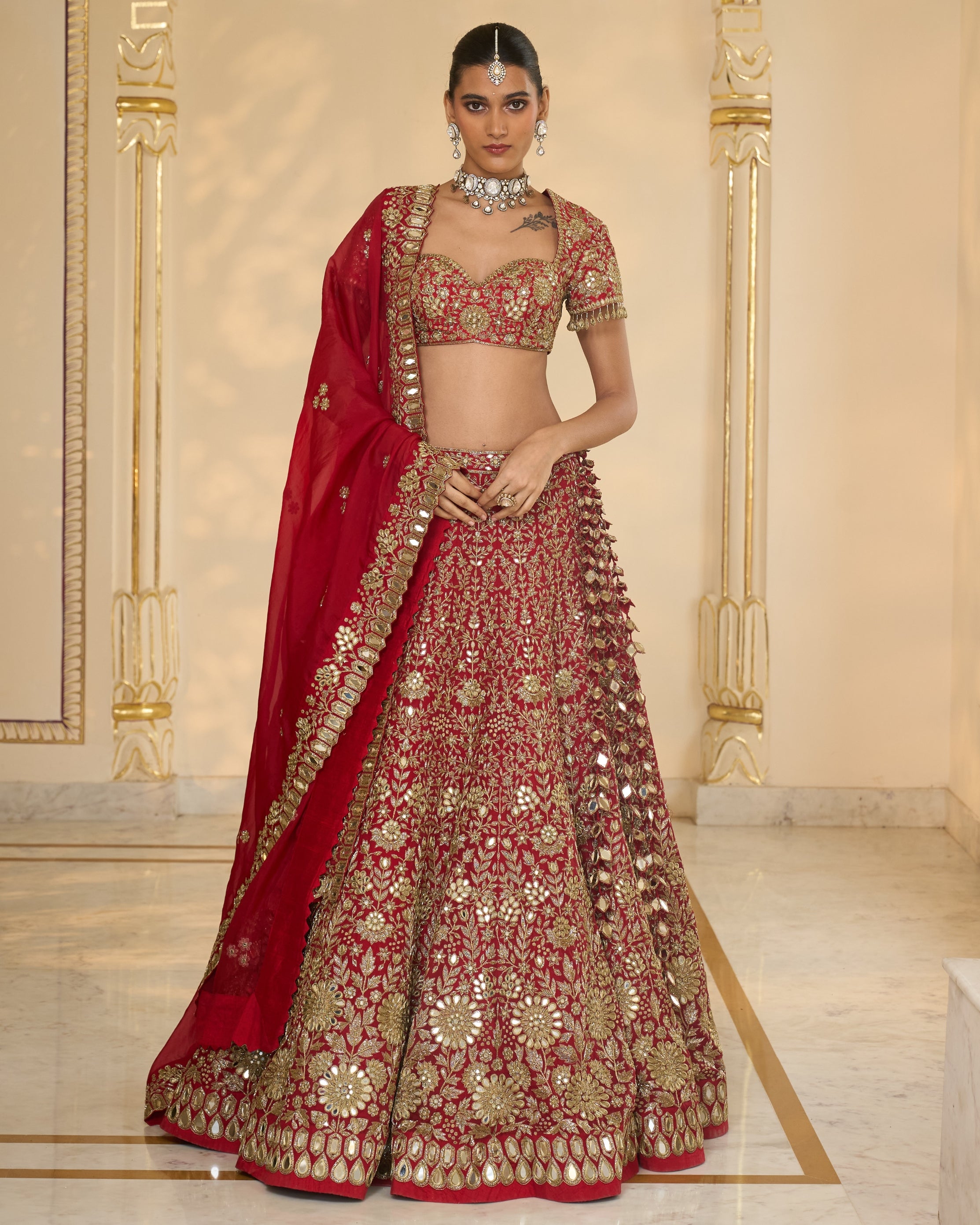 Red & Gold Floral Hand Embroidered Lehenga Set